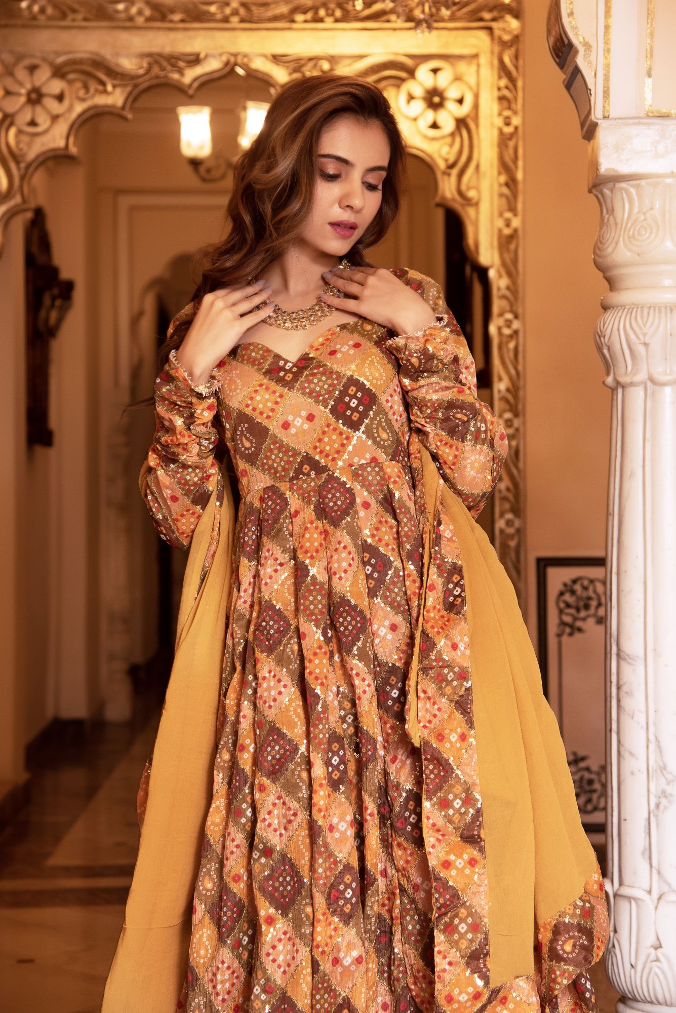 Naaz Sequin Mustard Anarkali Suit Set