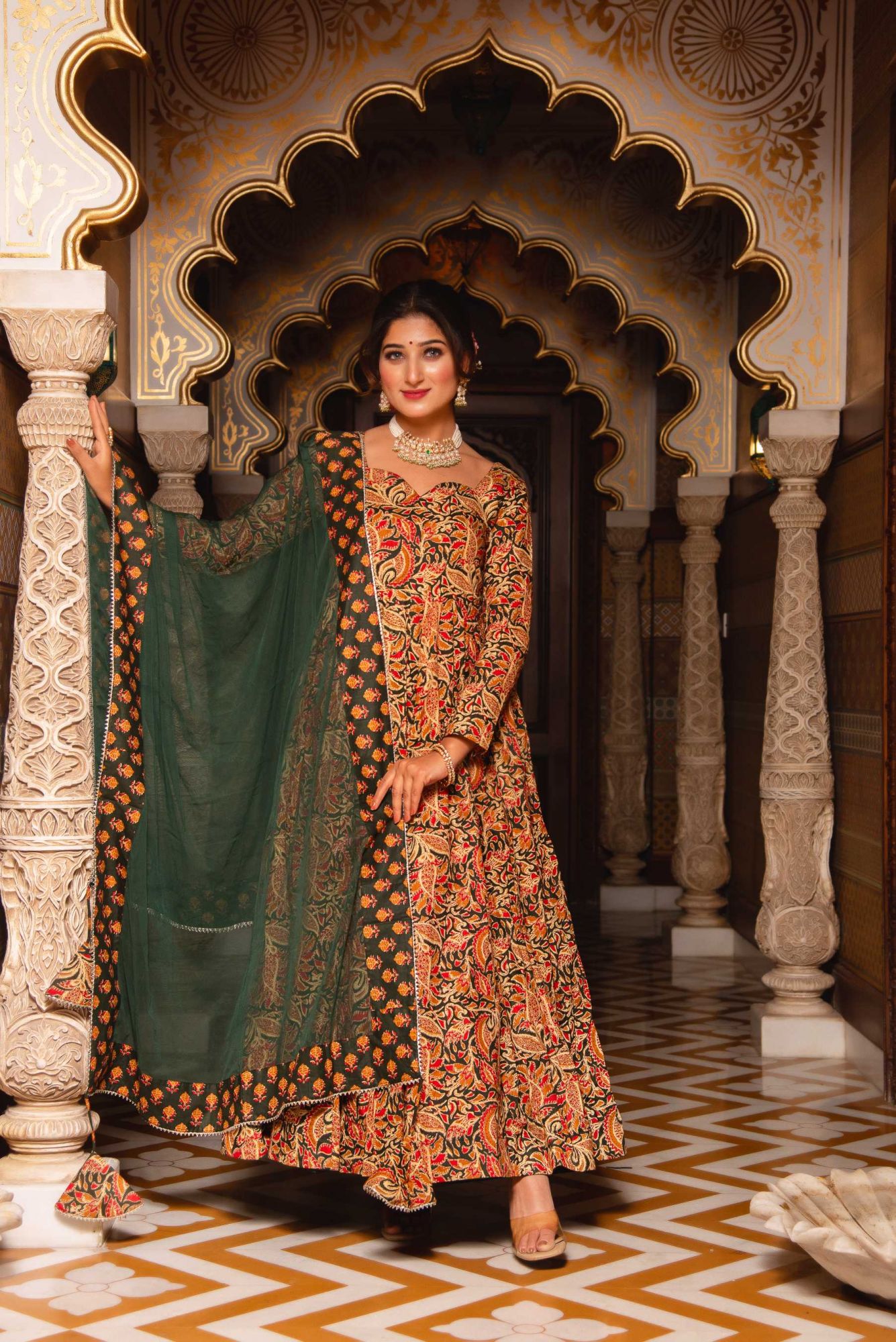 Mandala Green Cotton Printed Anarkali Suit Set