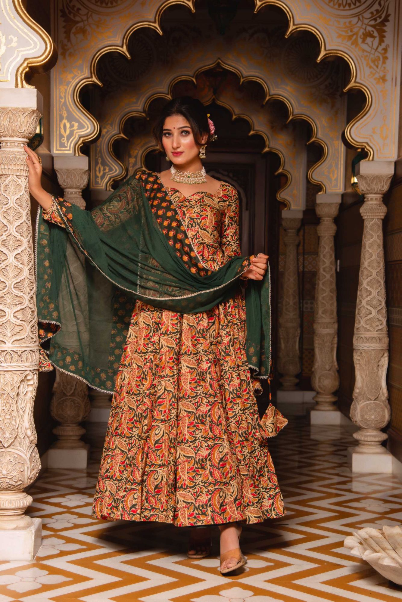 Mandala Green Cotton Printed Anarkali Suit Set