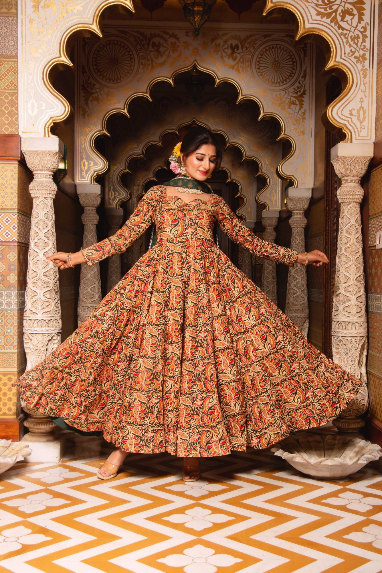 Mandala Green Cotton Printed Anarkali Suit Set