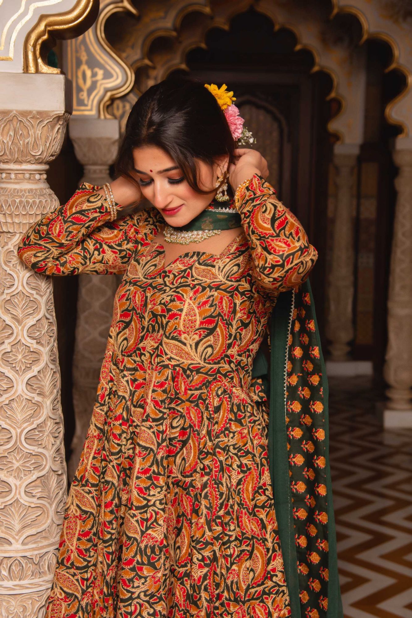 Mandala Green Cotton Printed Anarkali Suit Set