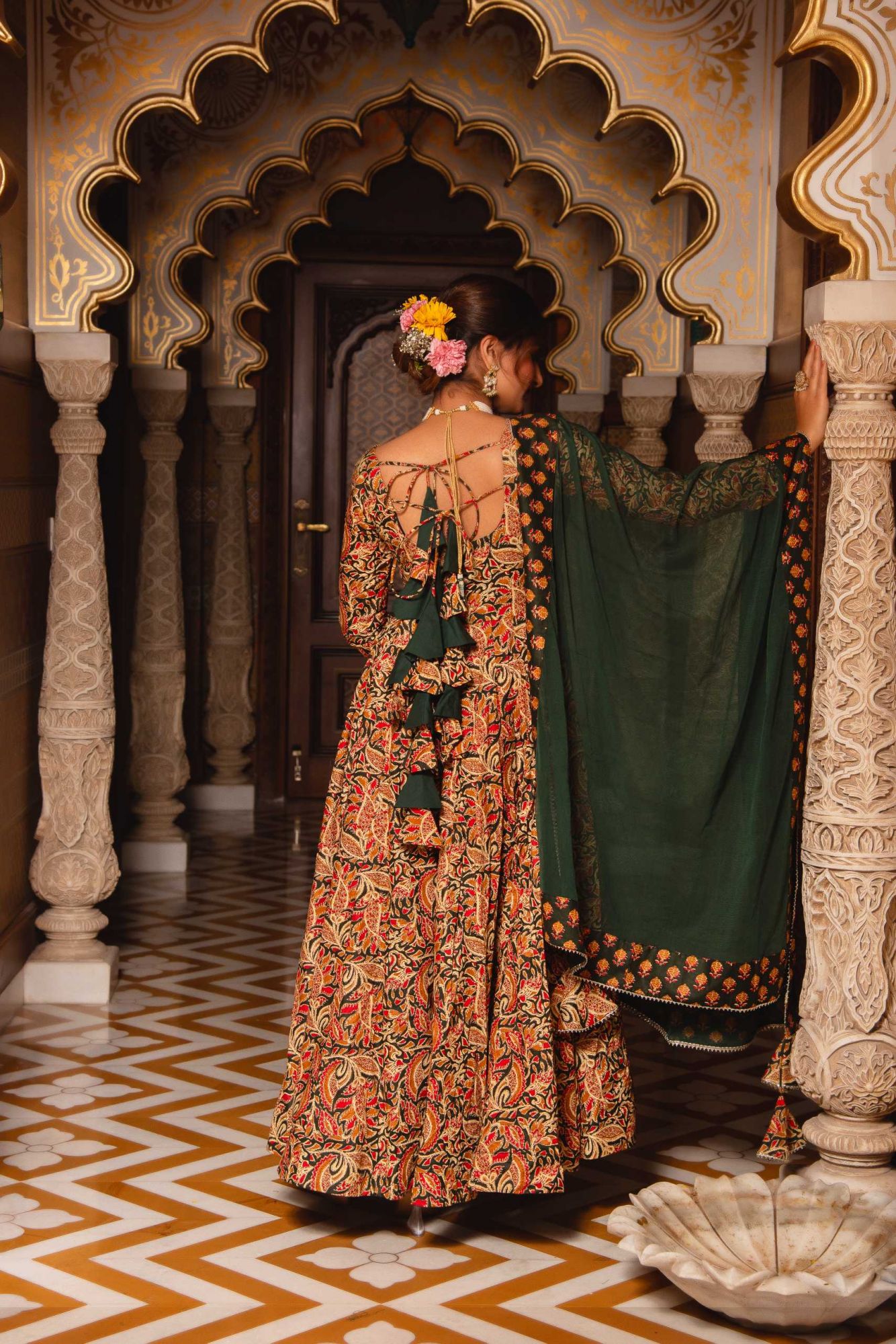 Mandala Green Cotton Printed Anarkali Suit Set