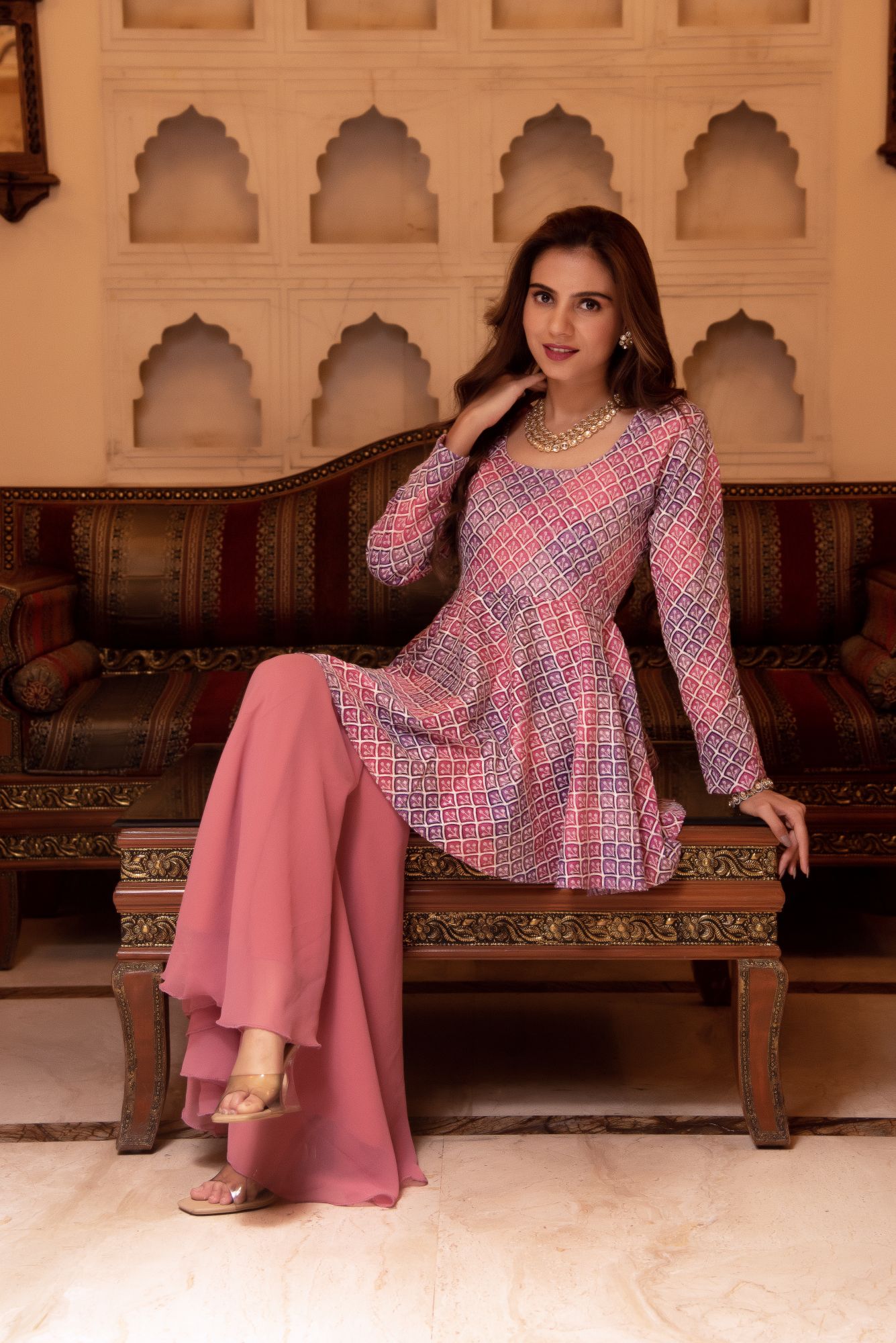 Lilac and Pink Embroided Georgette Sharara Set