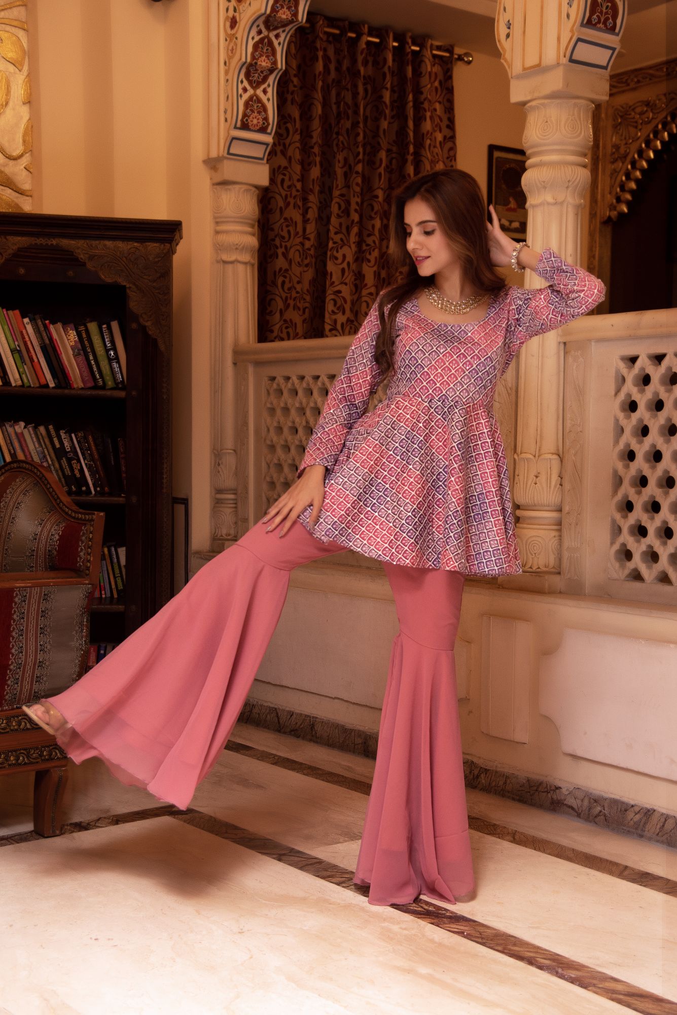 Lilac and Pink Embroided Georgette Sharara Set