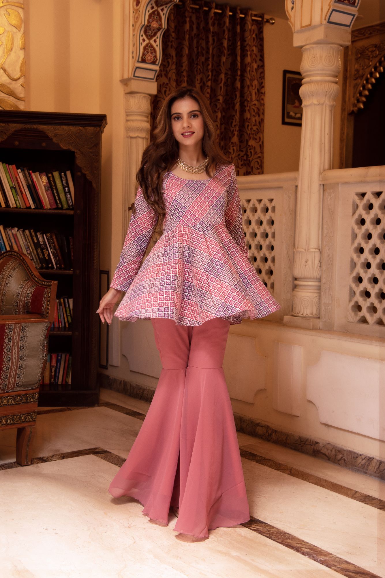 Lilac and Pink Embroided Georgette Sharara Set