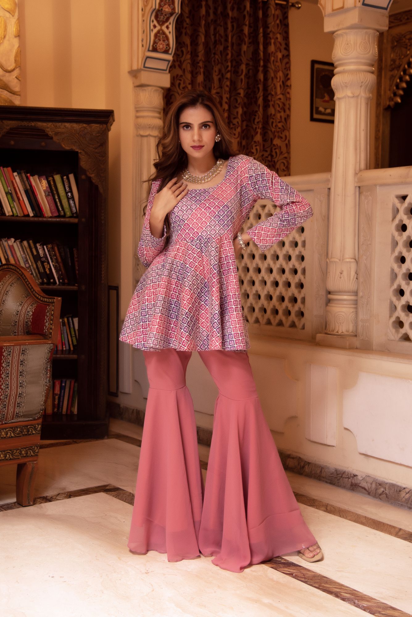 Lilac and Pink Embroided Georgette Sharara Set