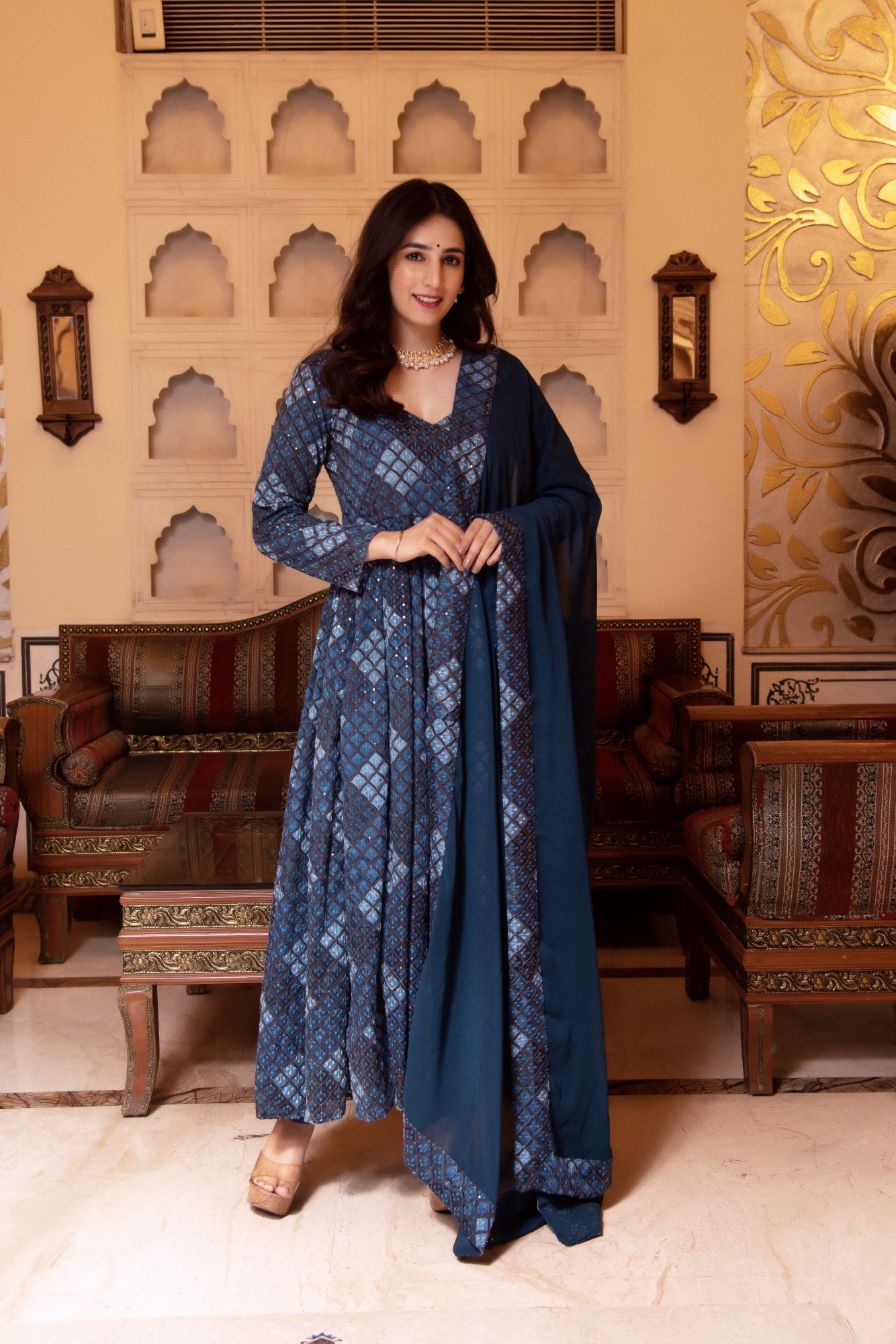 Teal Blue Embroided Anarkali Suit Set