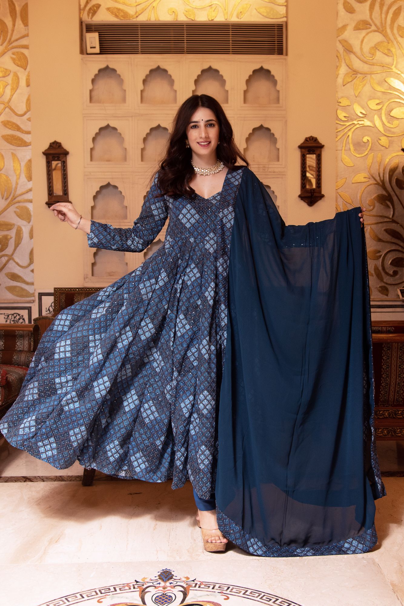 Teal Blue Embroided Anarkali Suit Set