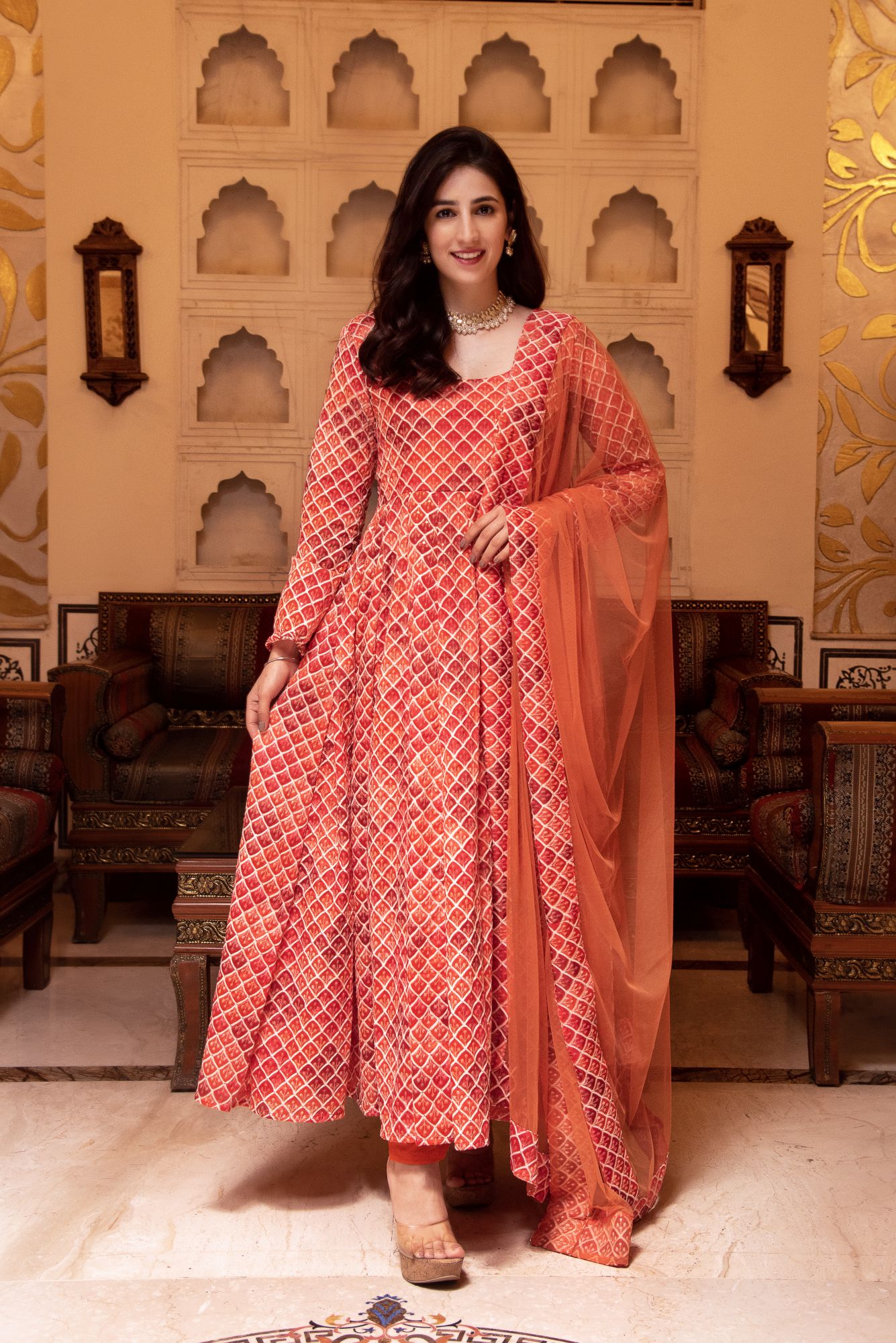 Orange Embroided Anarkali Suit Set