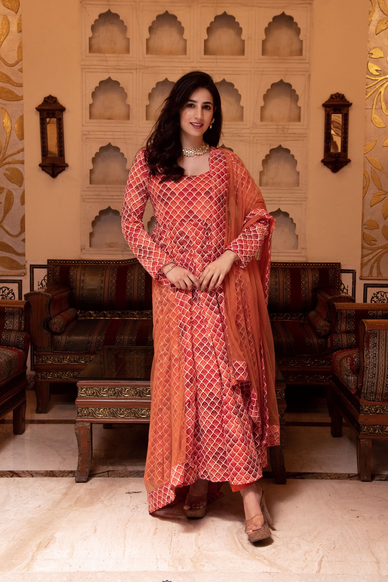 Orange Embroided Anarkali Suit Set