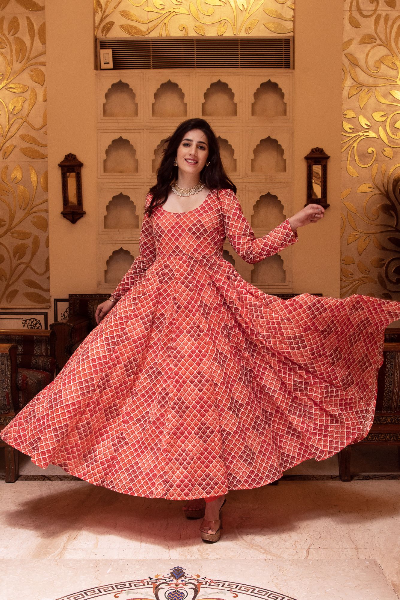 Orange Embroided Anarkali Suit Set