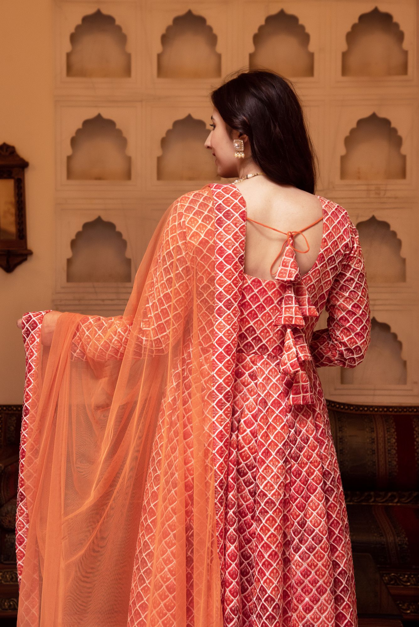 Orange Embroided Anarkali Suit Set