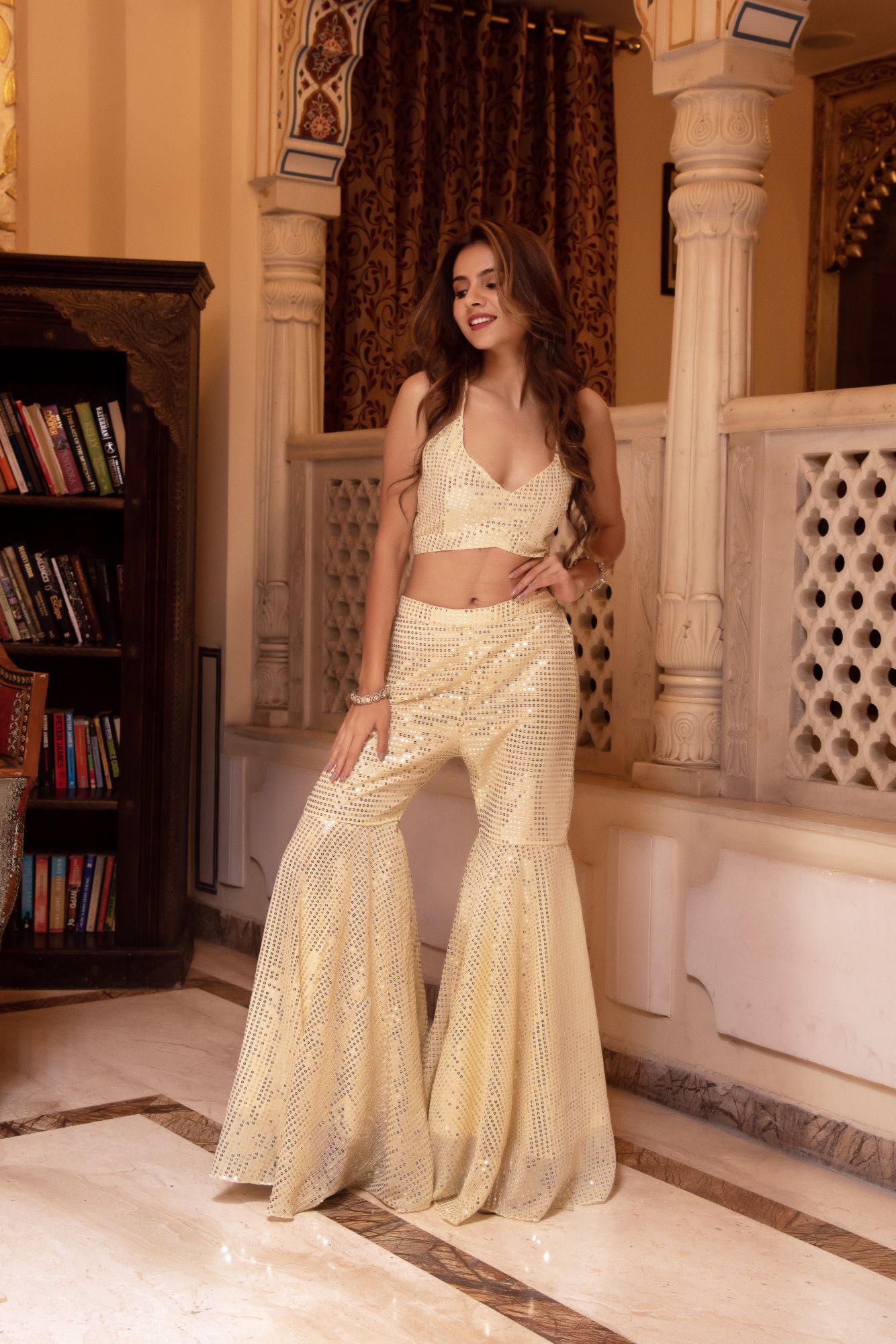 Bebo Beige Sequin Sharara Set