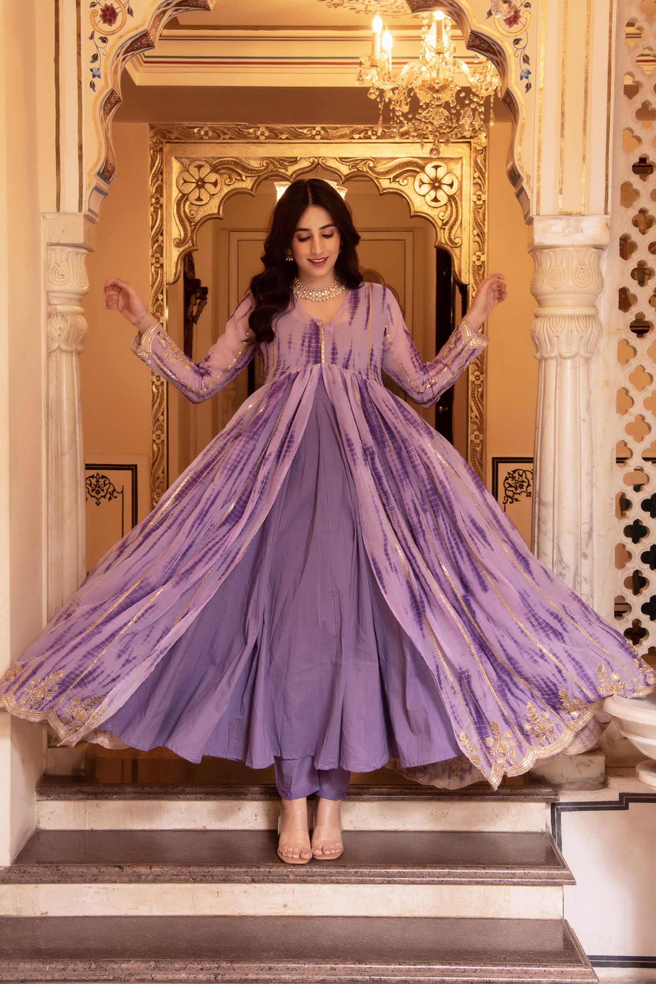 Lilac Lehriya Slit Anarkali Gown