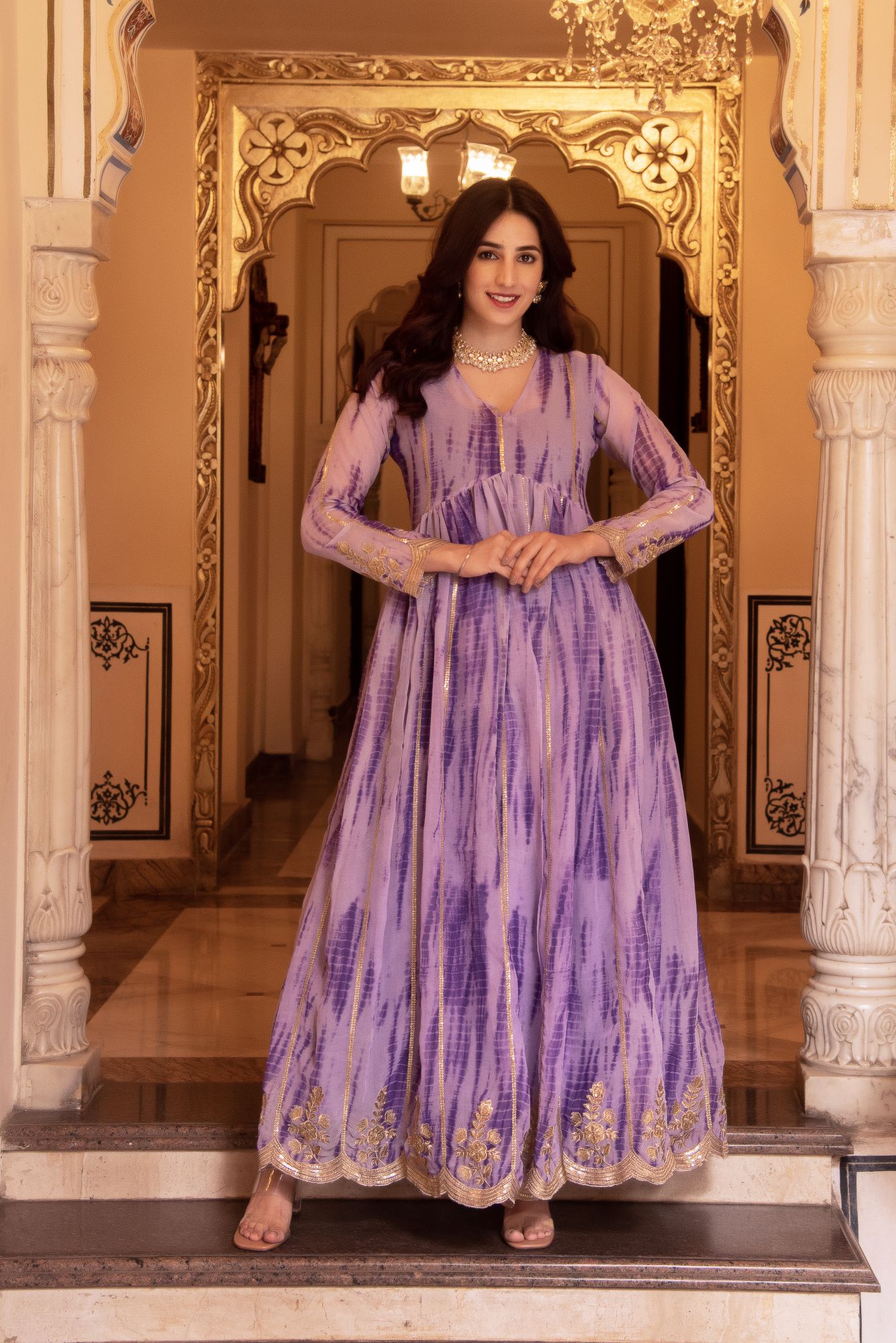 Lilac Lehriya Slit Anarkali Gown