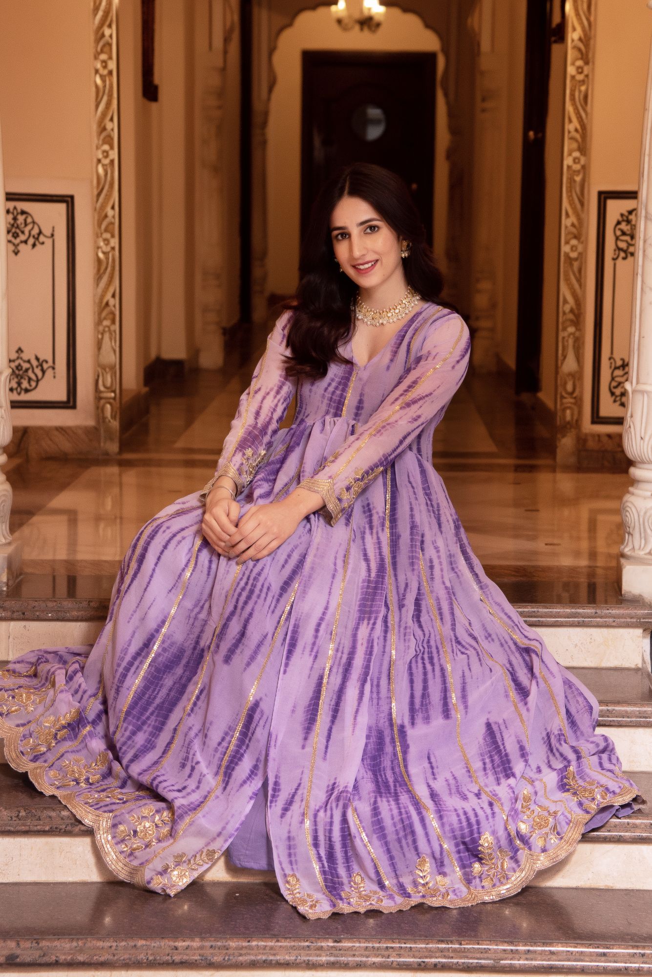 Lilac Lehriya Slit Anarkali Gown