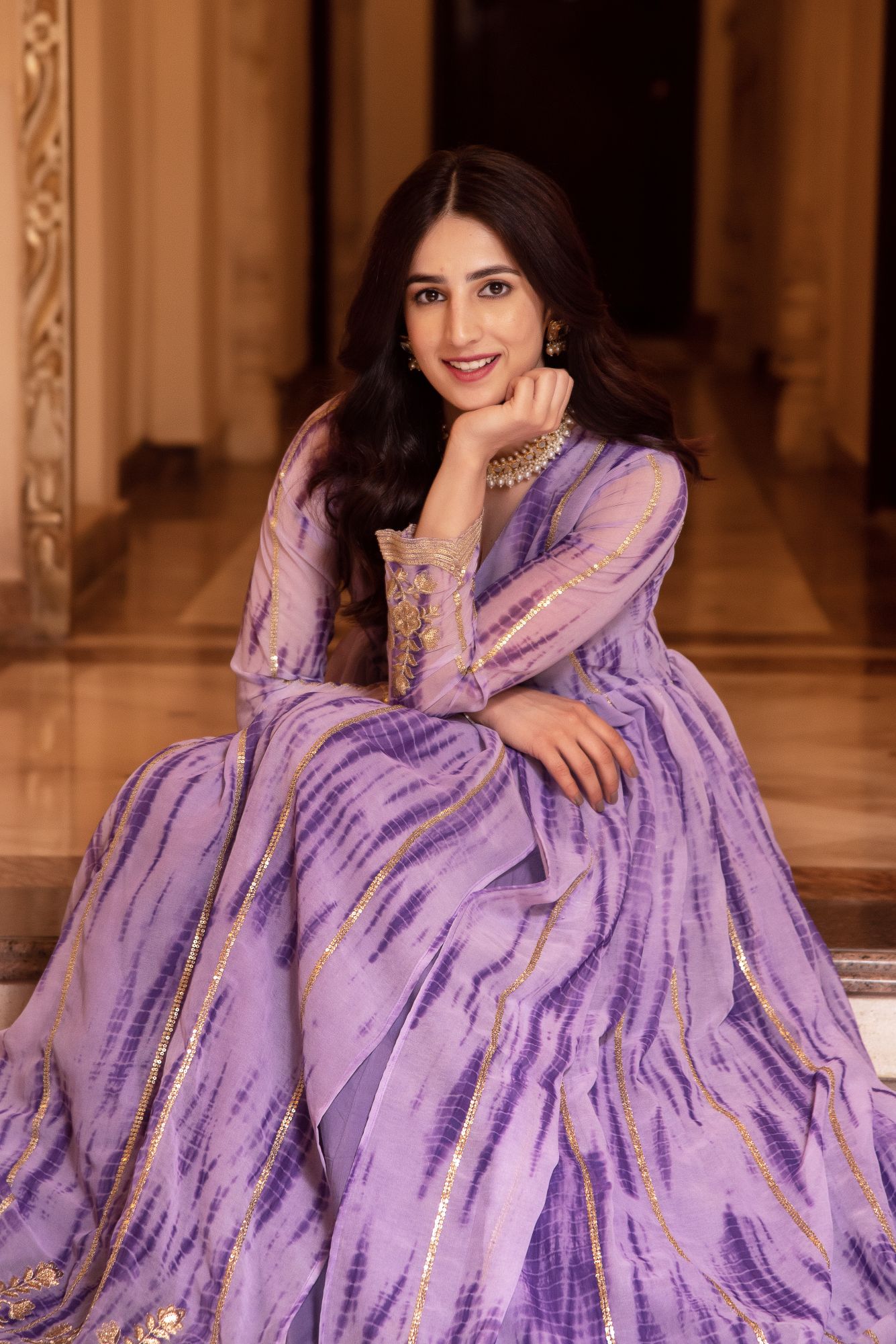 Lilac Lehriya Slit Anarkali Gown