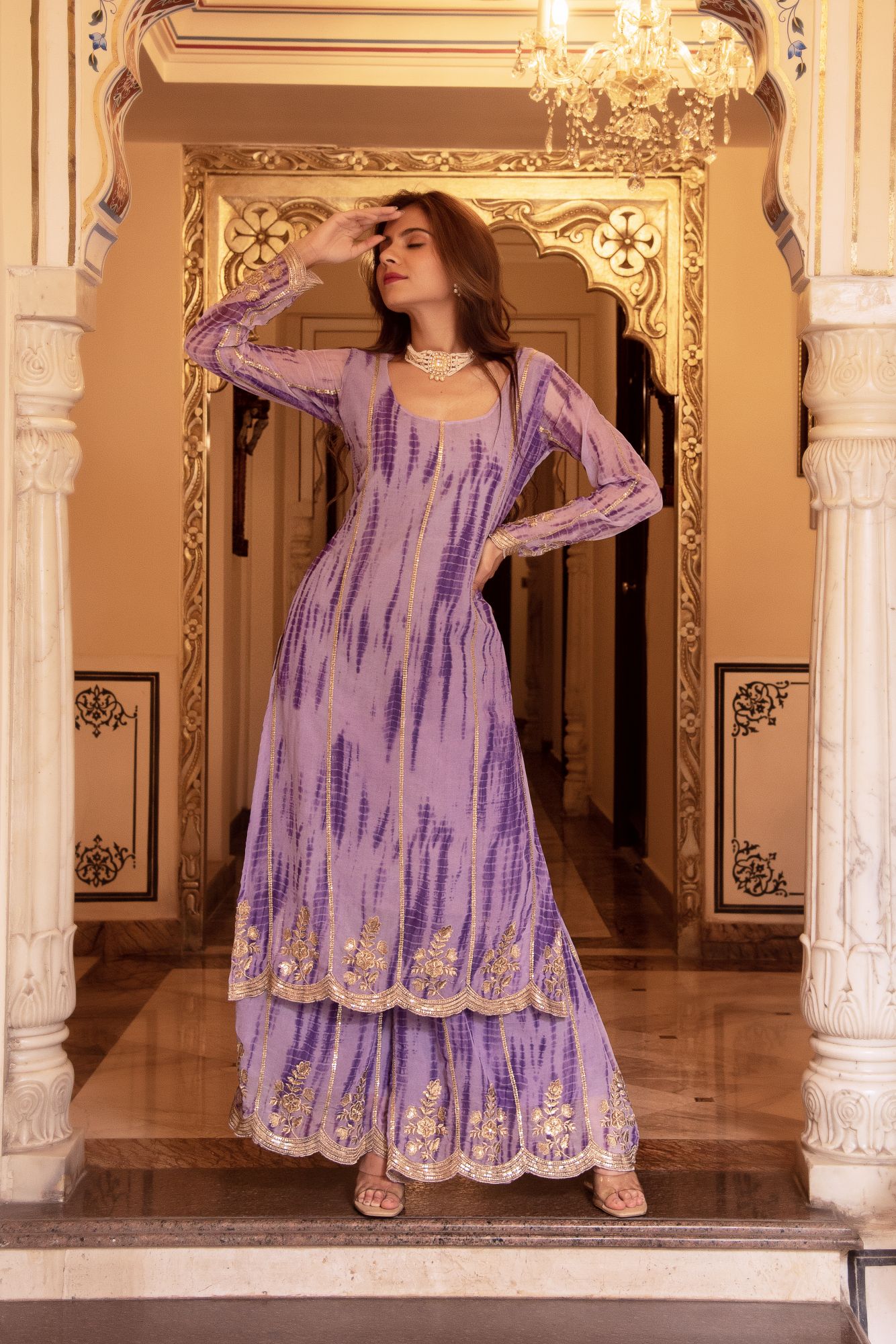 Lilac Lehriya Kurta Set