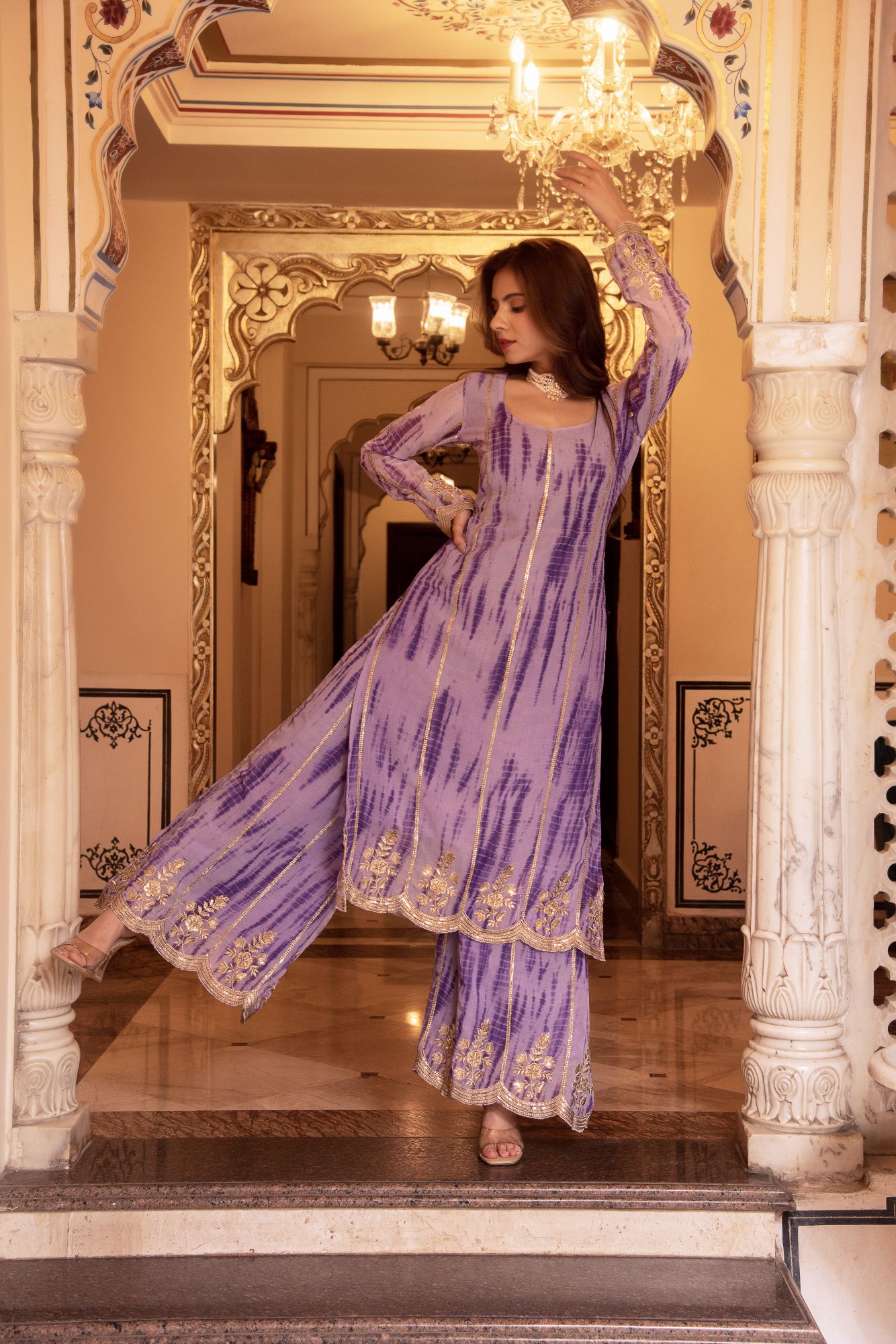 Lilac Lehriya Kurta Set