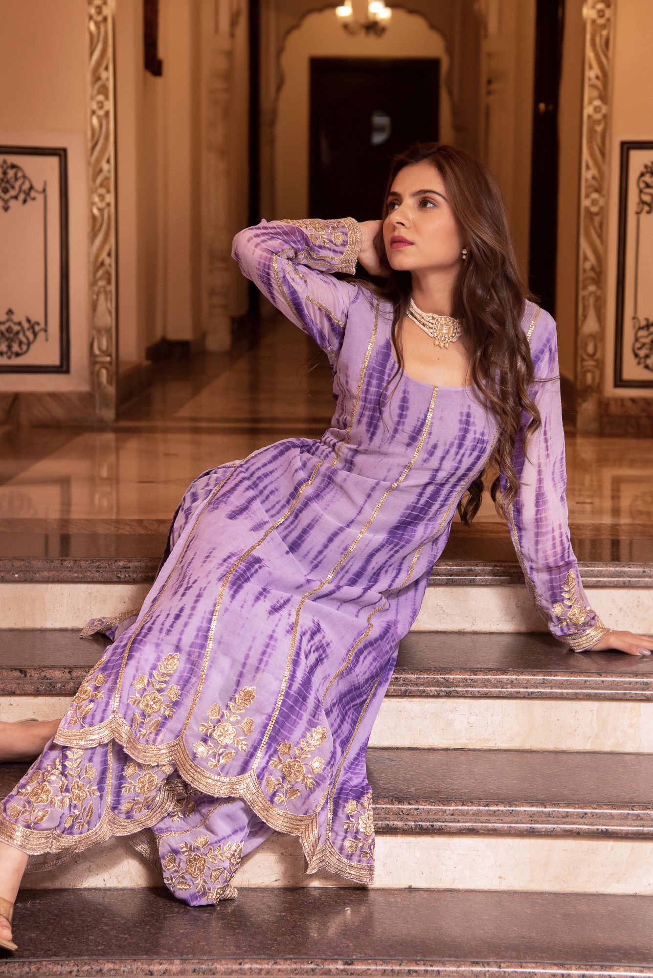 Lilac Lehriya Kurta Set