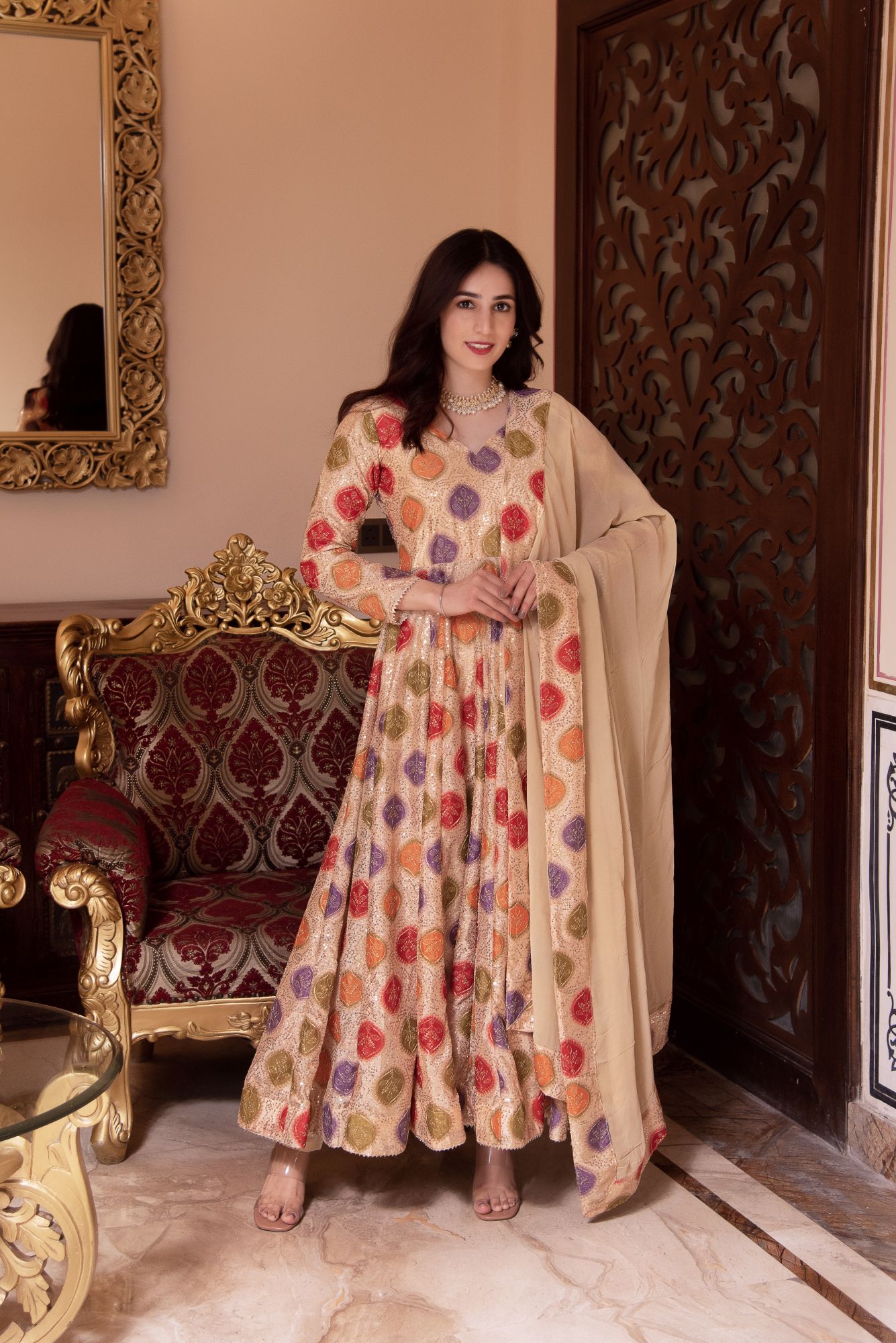 Sitara Beige Sequin Anarkali Suit Set