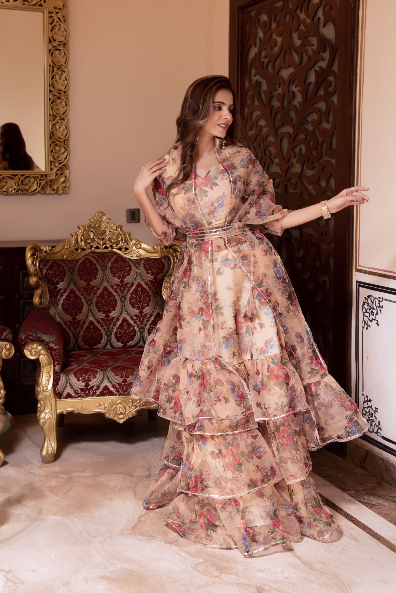 Shaman Beige Organza Gotapatti Lehenga Set