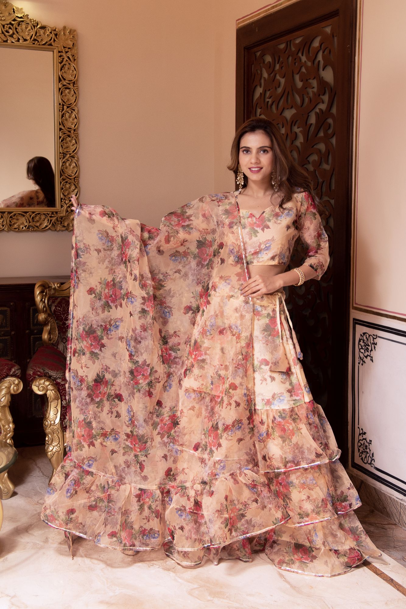 Shaman Beige Organza Gotapatti Lehenga Set