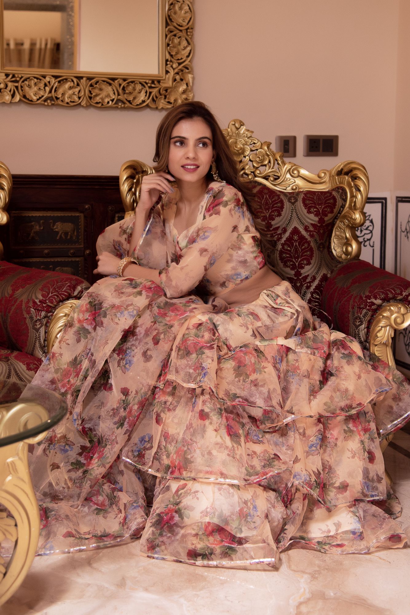 Shaman Beige Organza Gotapatti Lehenga Set