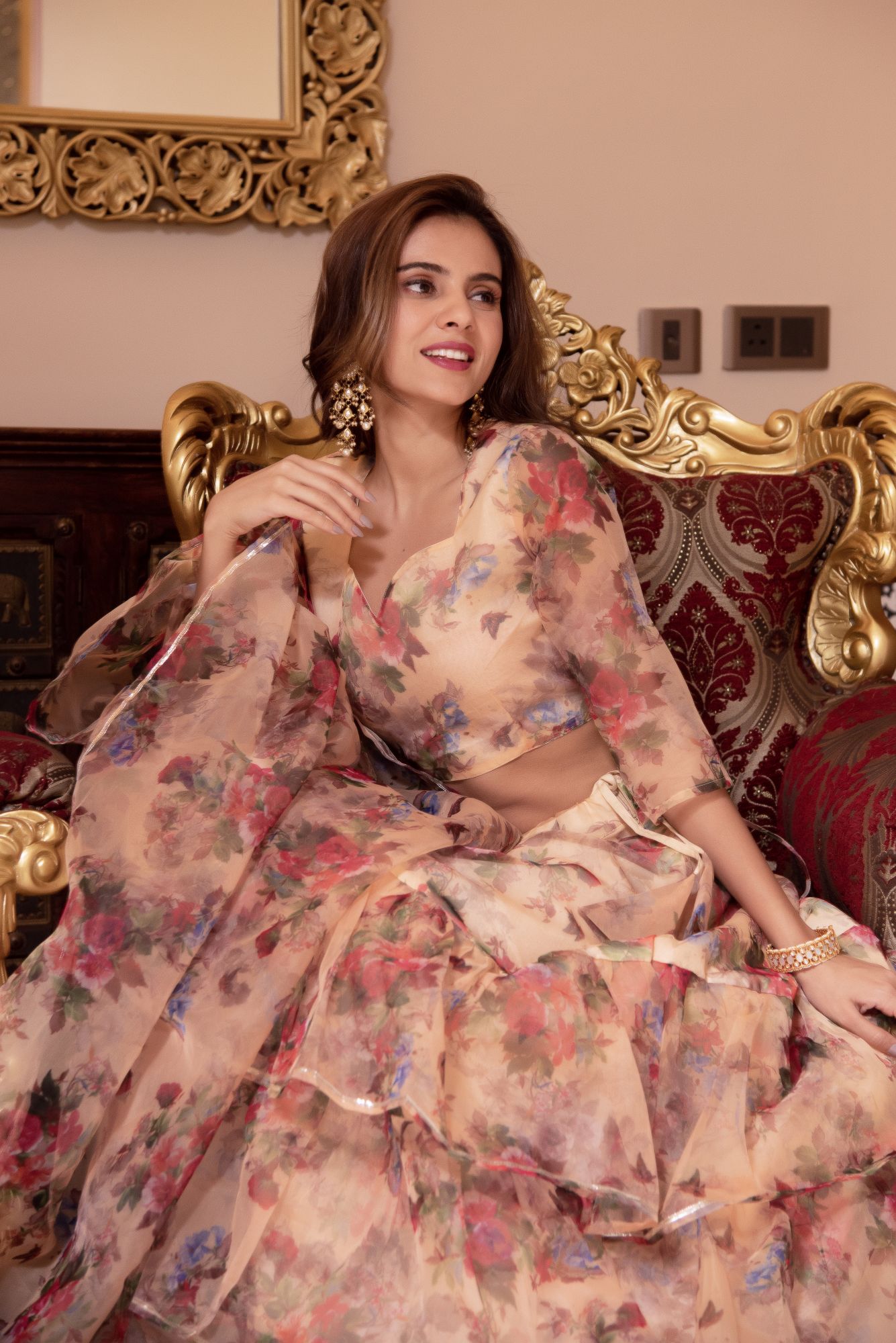 Shaman Beige Organza Gotapatti Lehenga Set