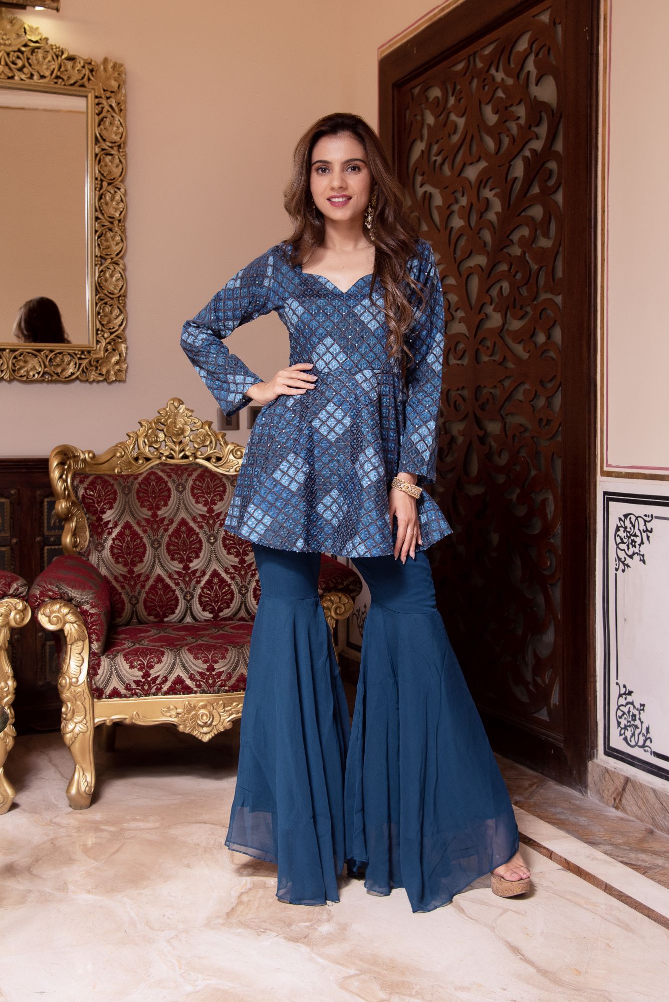 Teal Blue Embroided Georgette Sharara Set