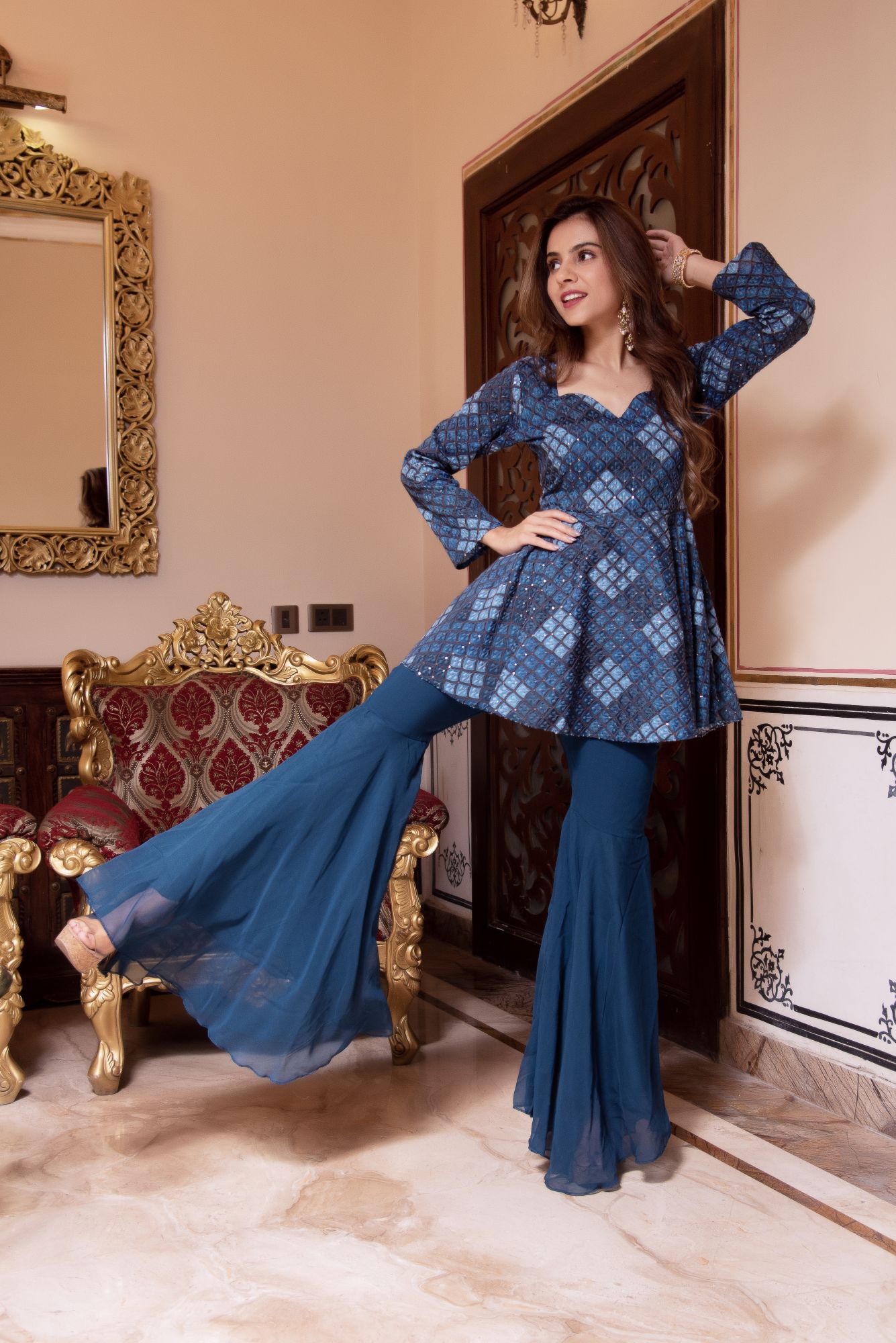 Teal Blue Embroided Georgette Sharara Set