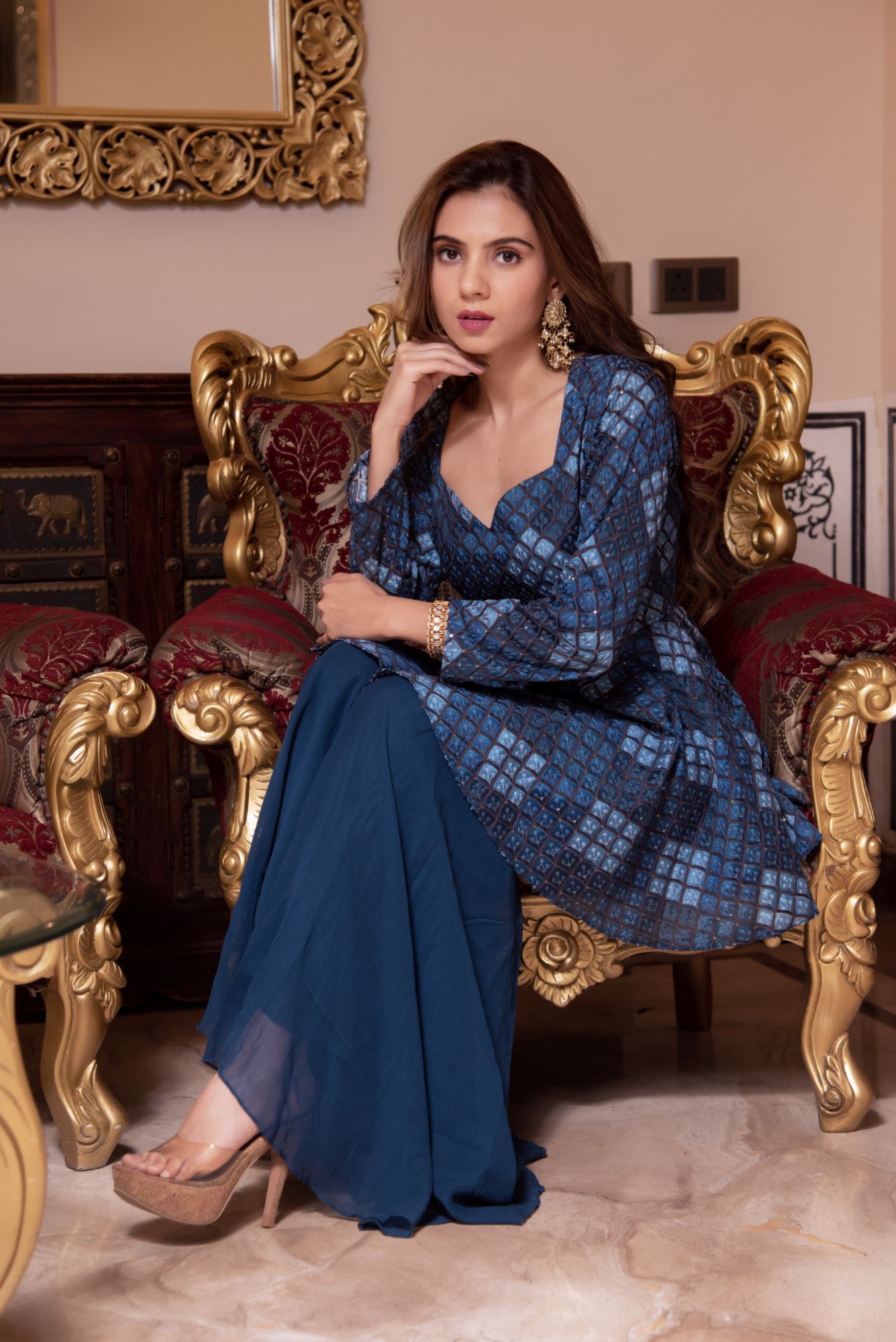 Teal Blue Embroided Georgette Sharara Set