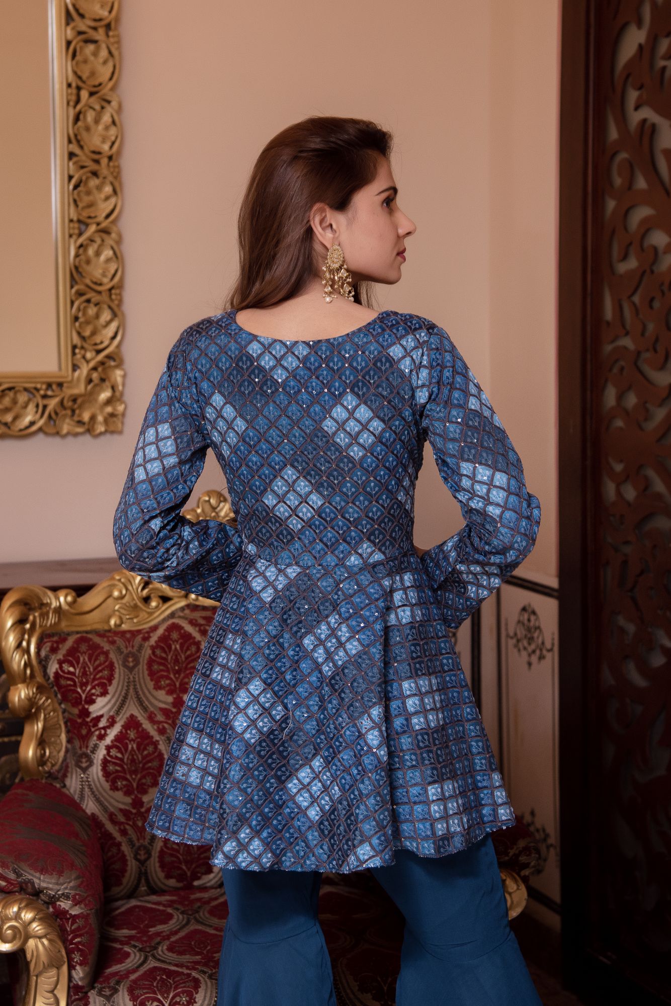 Teal Blue Embroided Georgette Sharara Set