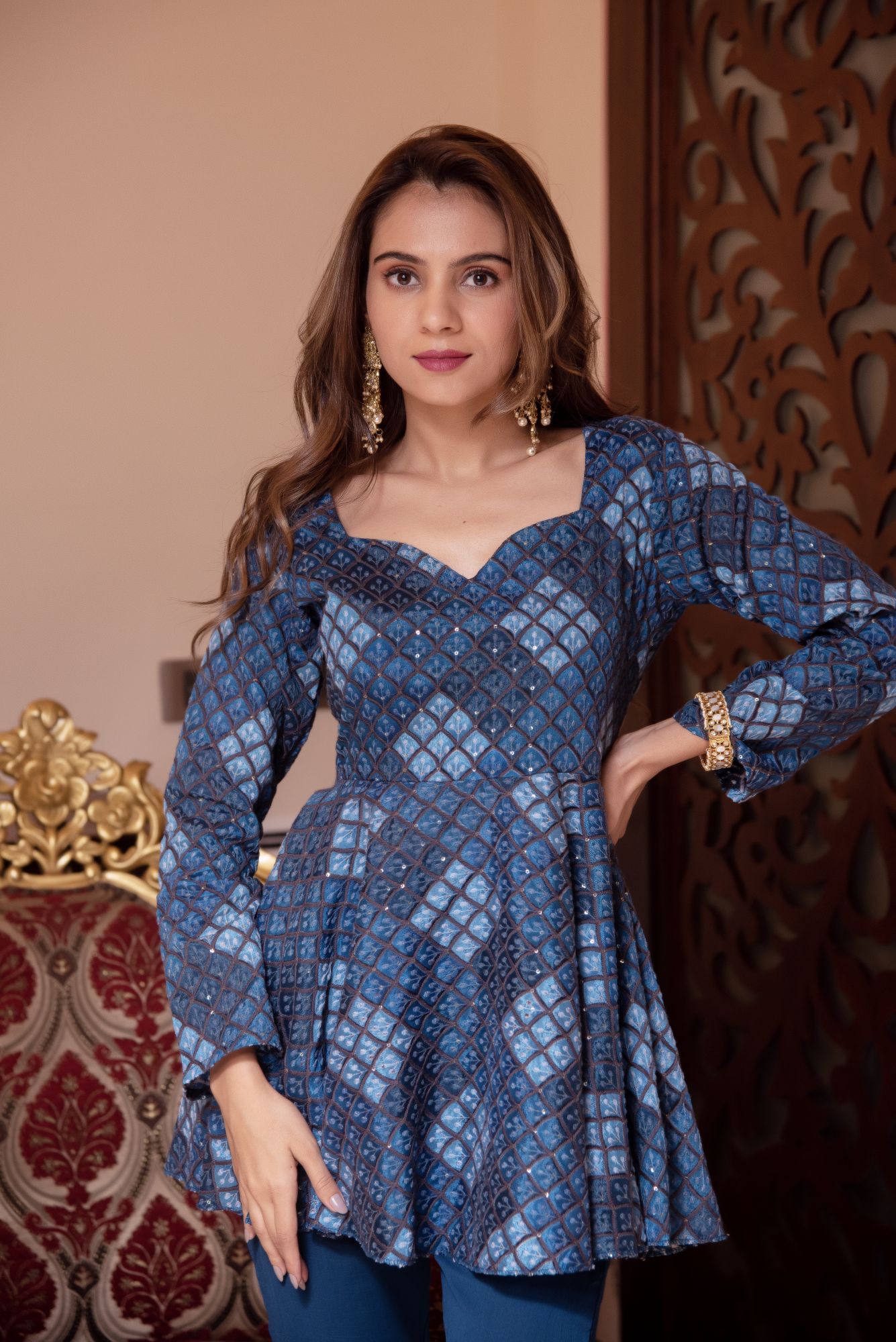 Teal Blue Embroided Georgette Sharara Set