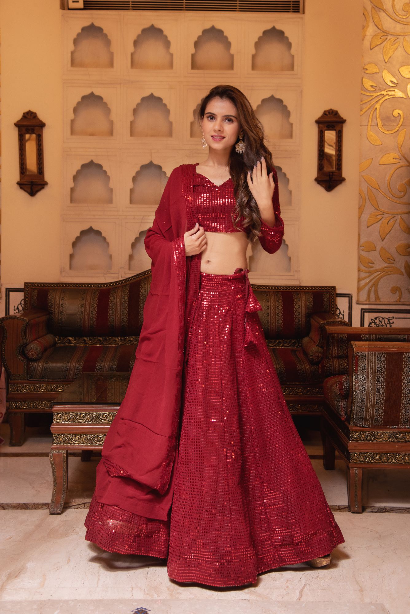 Bebo Red Sequin Lehenga Set
