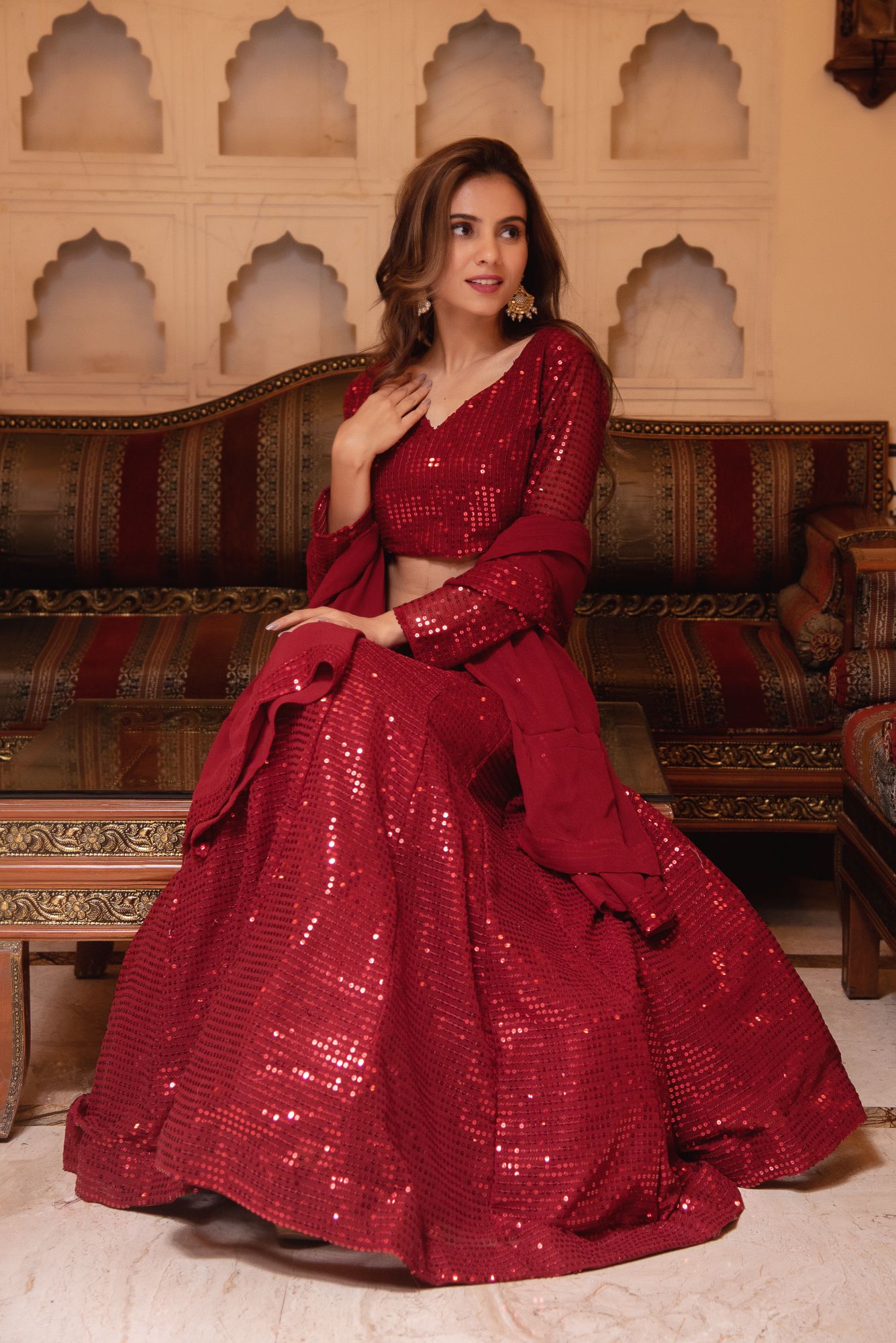 Bebo Red Sequin Lehenga Set