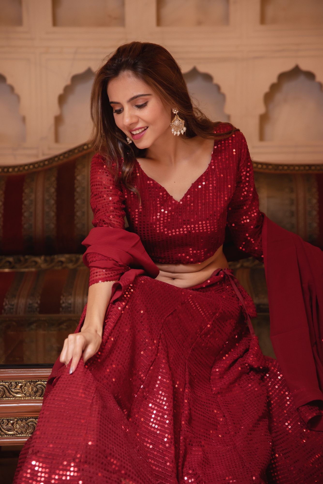 Bebo Red Sequin Lehenga Set