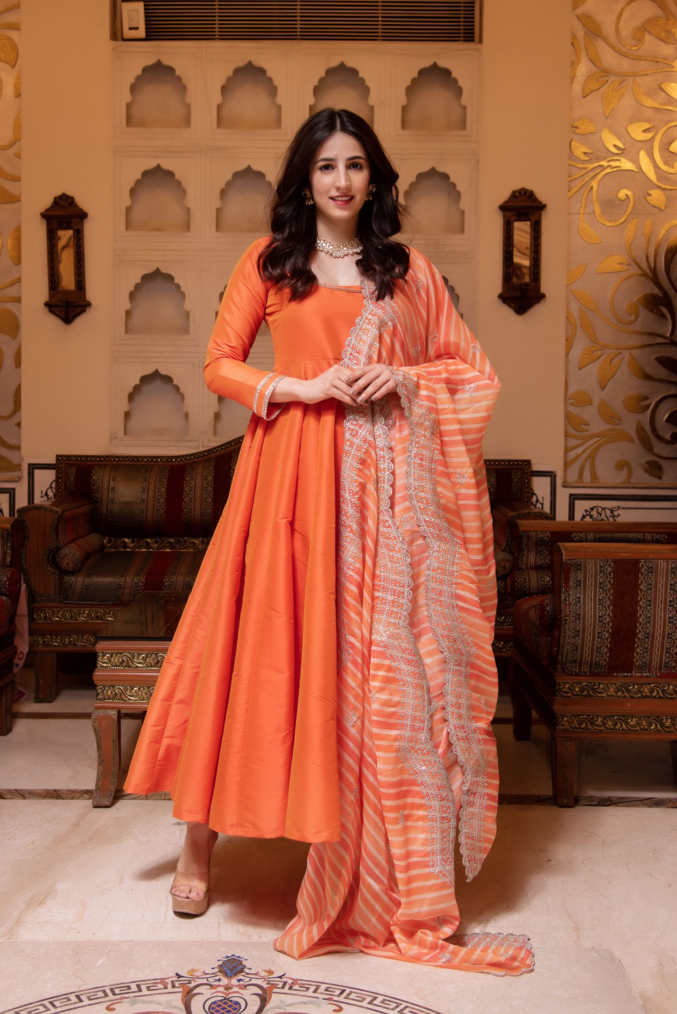 Orange Silk Anarkali Suit Set