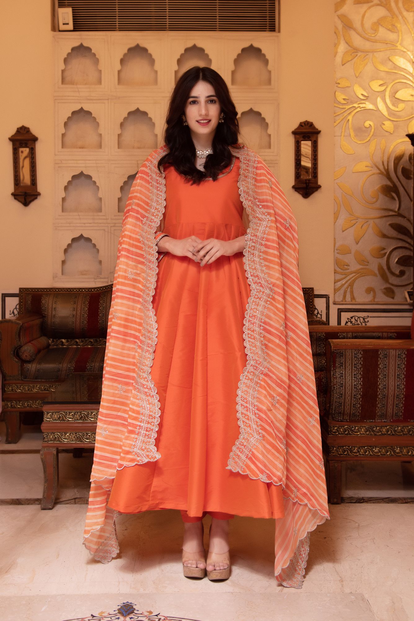 Orange Silk Anarkali Suit Set