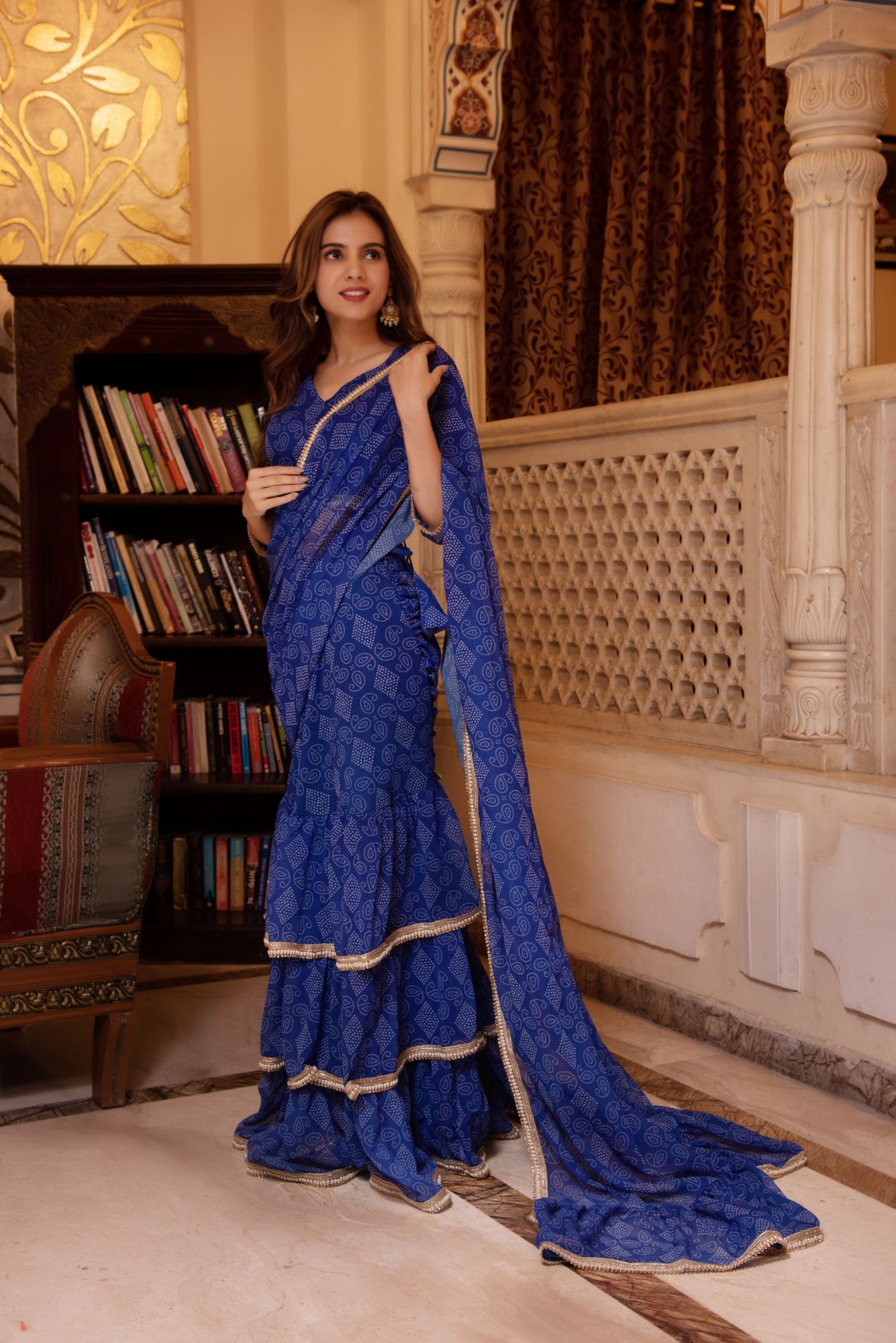 Pearl Blue Bhandhej Ready to Drape Saree