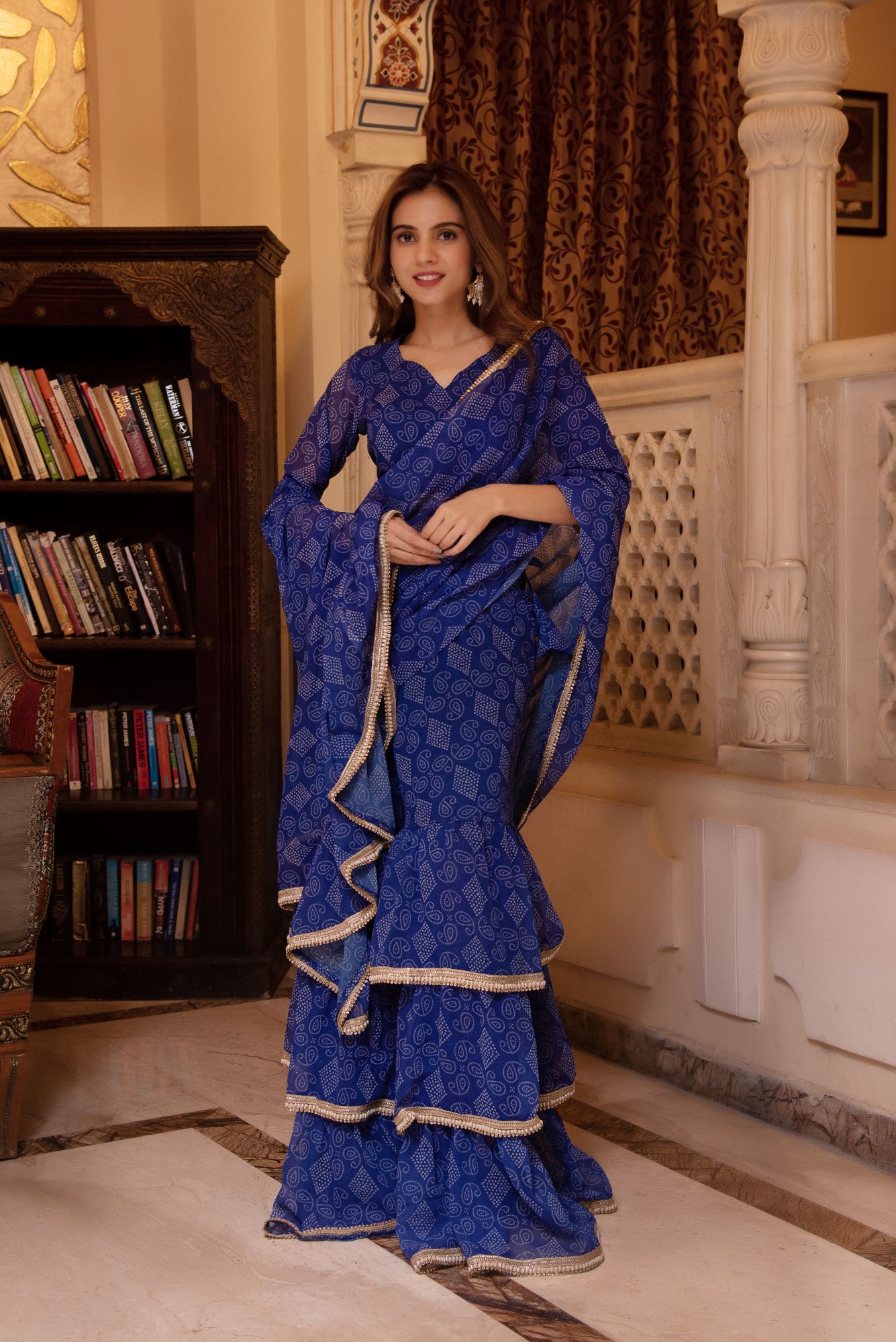 Pearl Blue Bhandhej Ready to Drape Saree