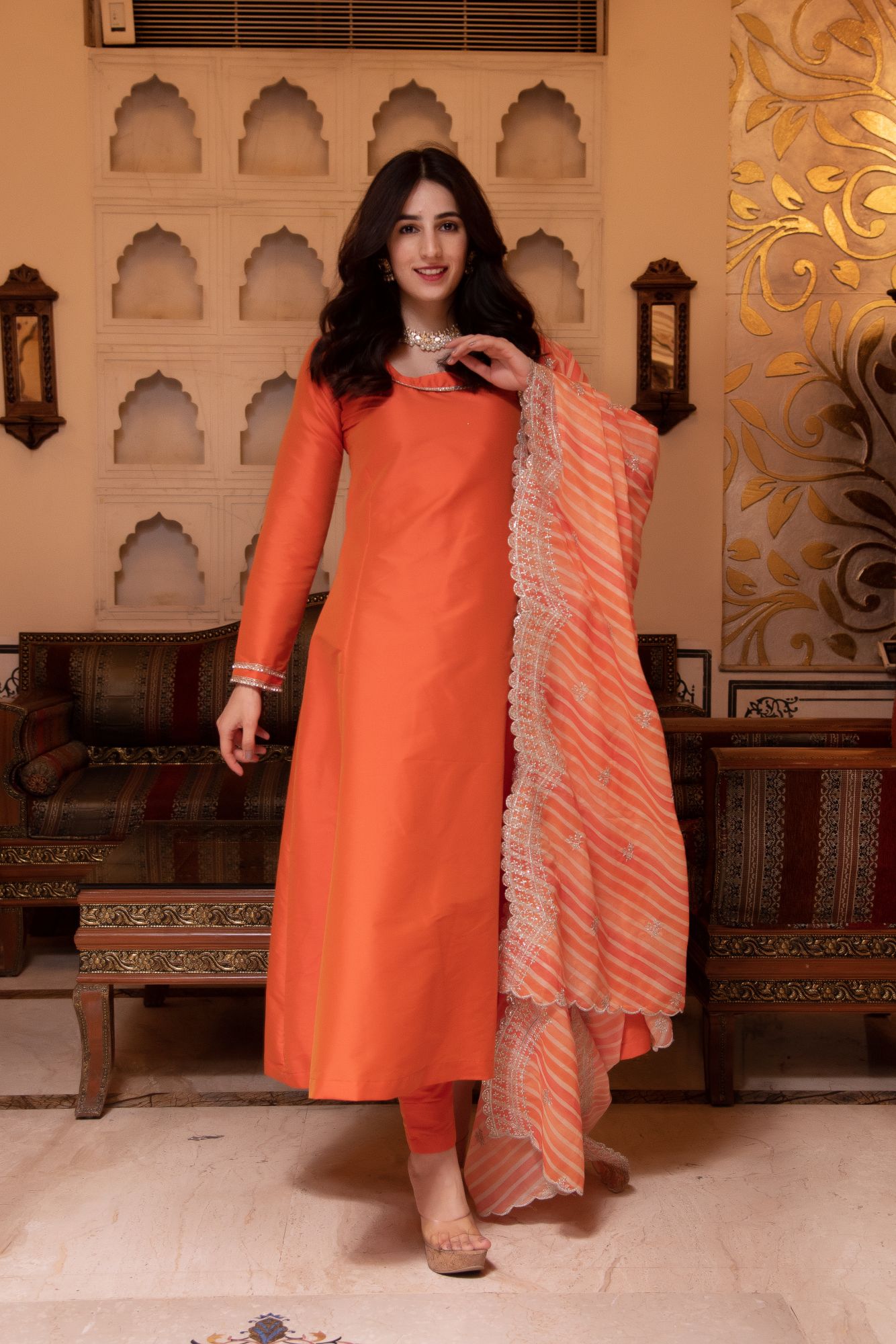 Taffeta Silk Orange Kurta Set