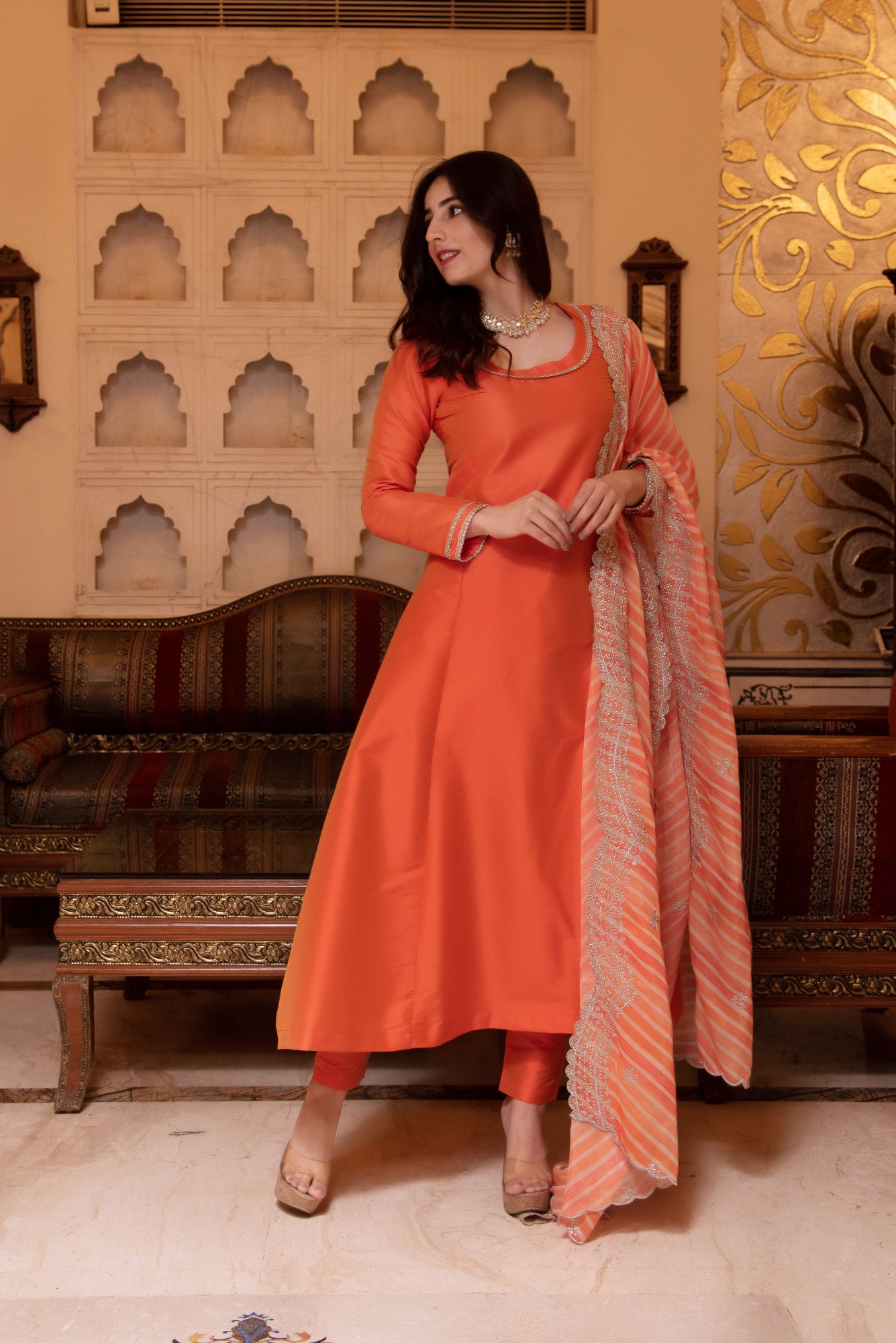 Taffeta Silk Orange Kurta Set