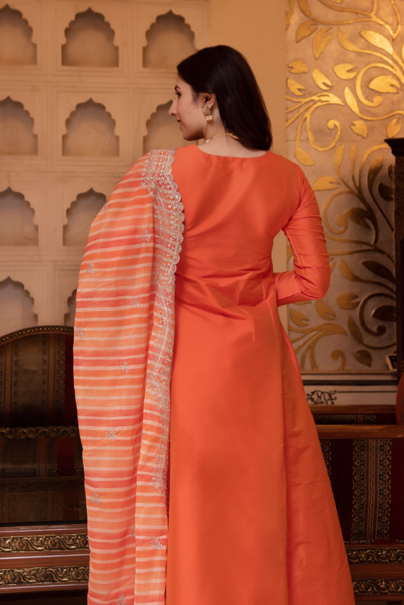 Taffeta Silk Orange Kurta Set