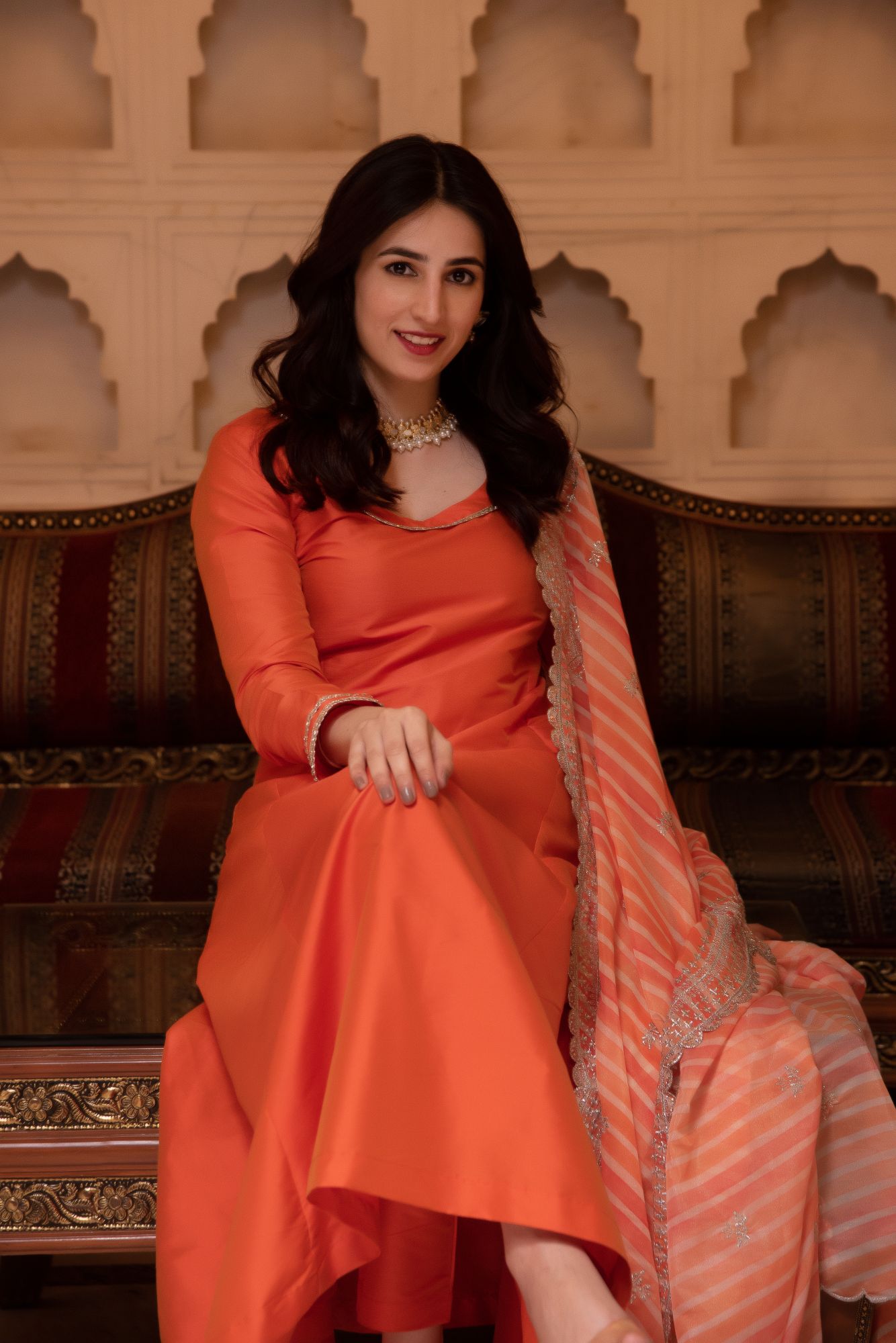 Taffeta Silk Orange Kurta Set