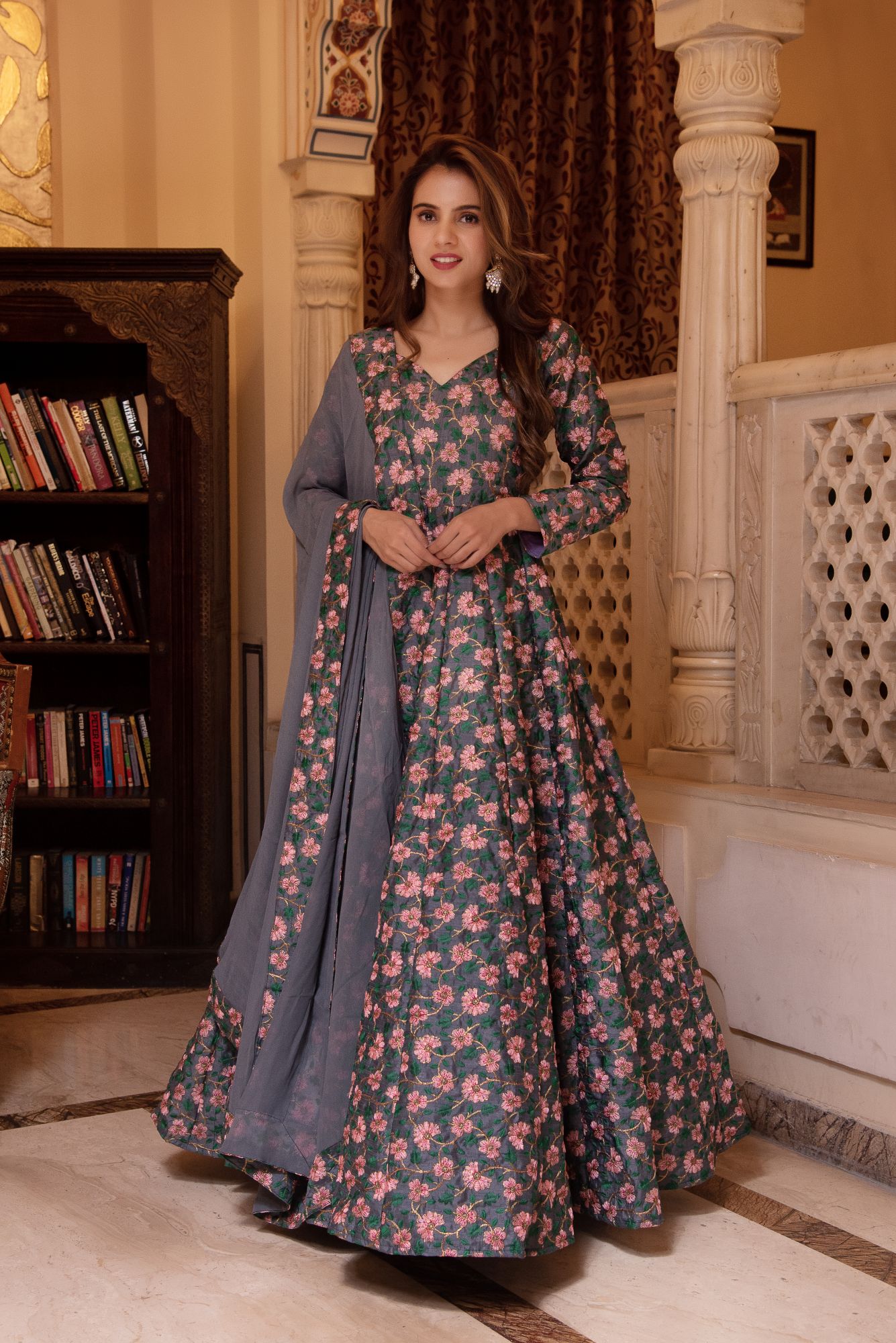 Sinjara Grey Embroided Anarkali Suit Set