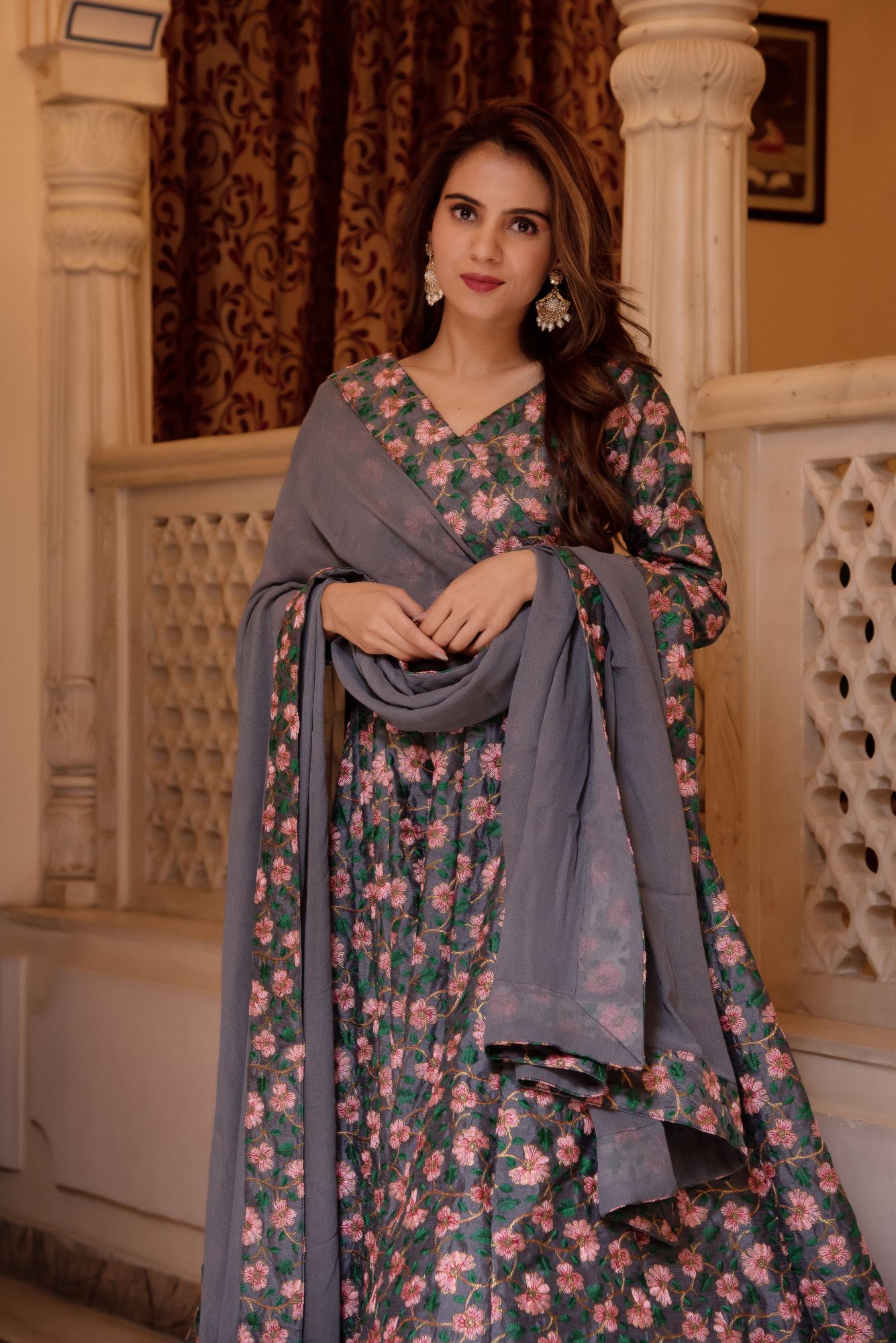 Sinjara Grey Embroided Anarkali Suit Set