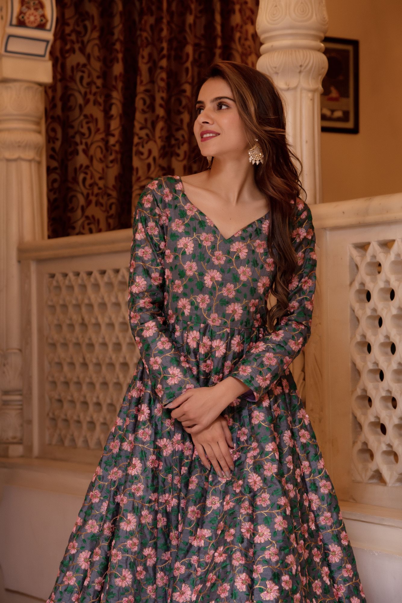 Sinjara Grey Embroided Anarkali Suit Set