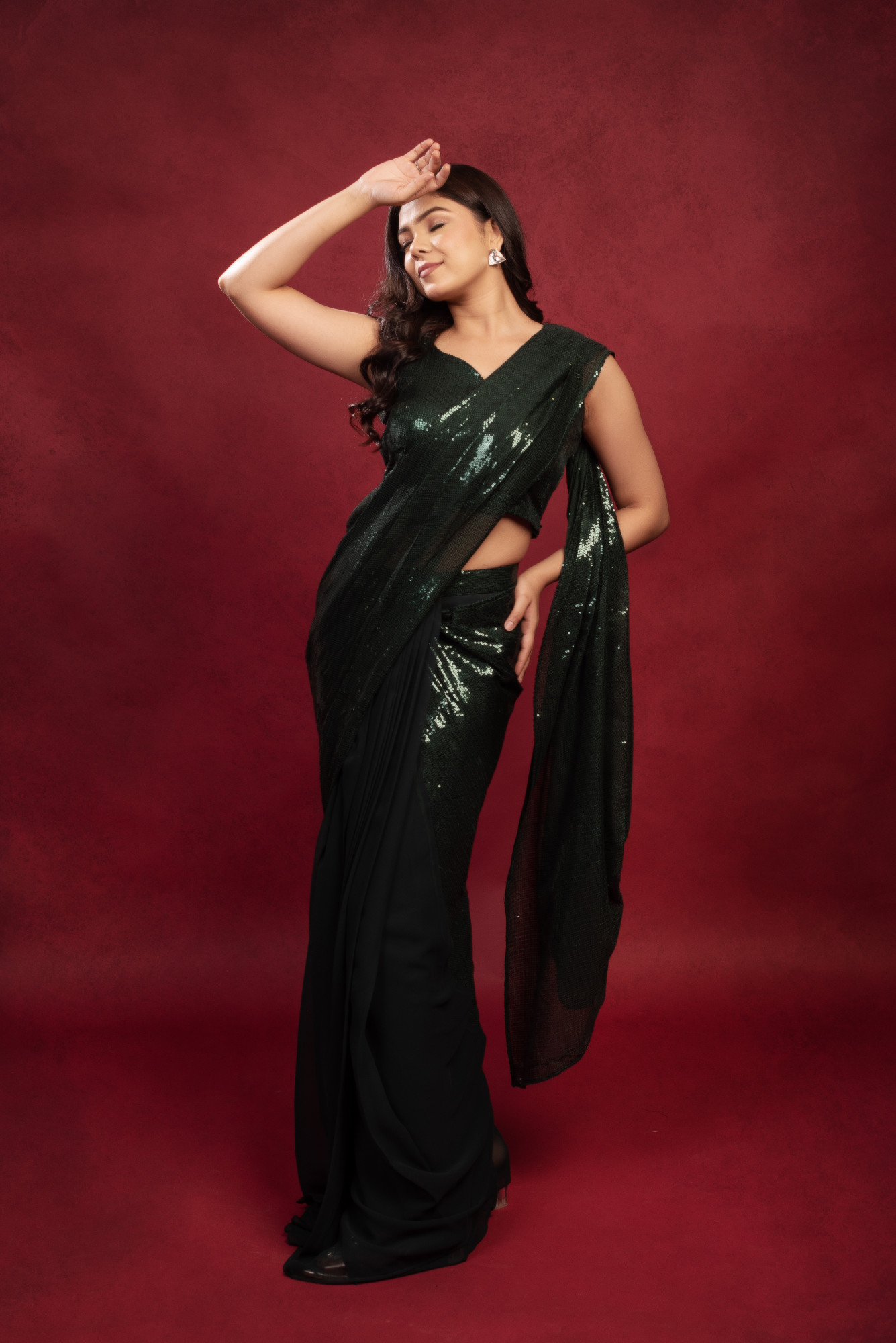 Dark Green Sequin Satin Ready to Wear Drape Saree