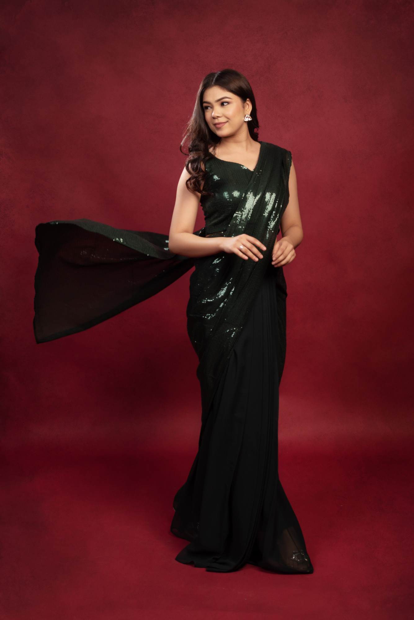 Dark Green Sequin Satin Ready to Wear Drape Saree